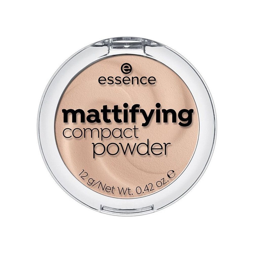 Essence matterende compactpoeder in ronde, transparante verpakking. Tekst: mattifying compact powder.
