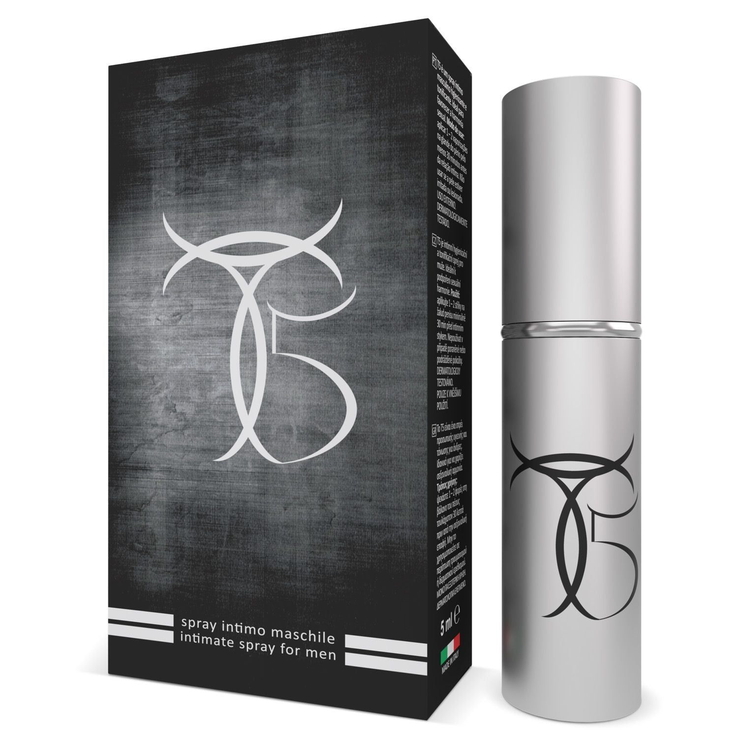 Zilveren sprayfles en zwarte doos. Tekst: spray intimo maschile, intimate spray for men. 5 ml.
