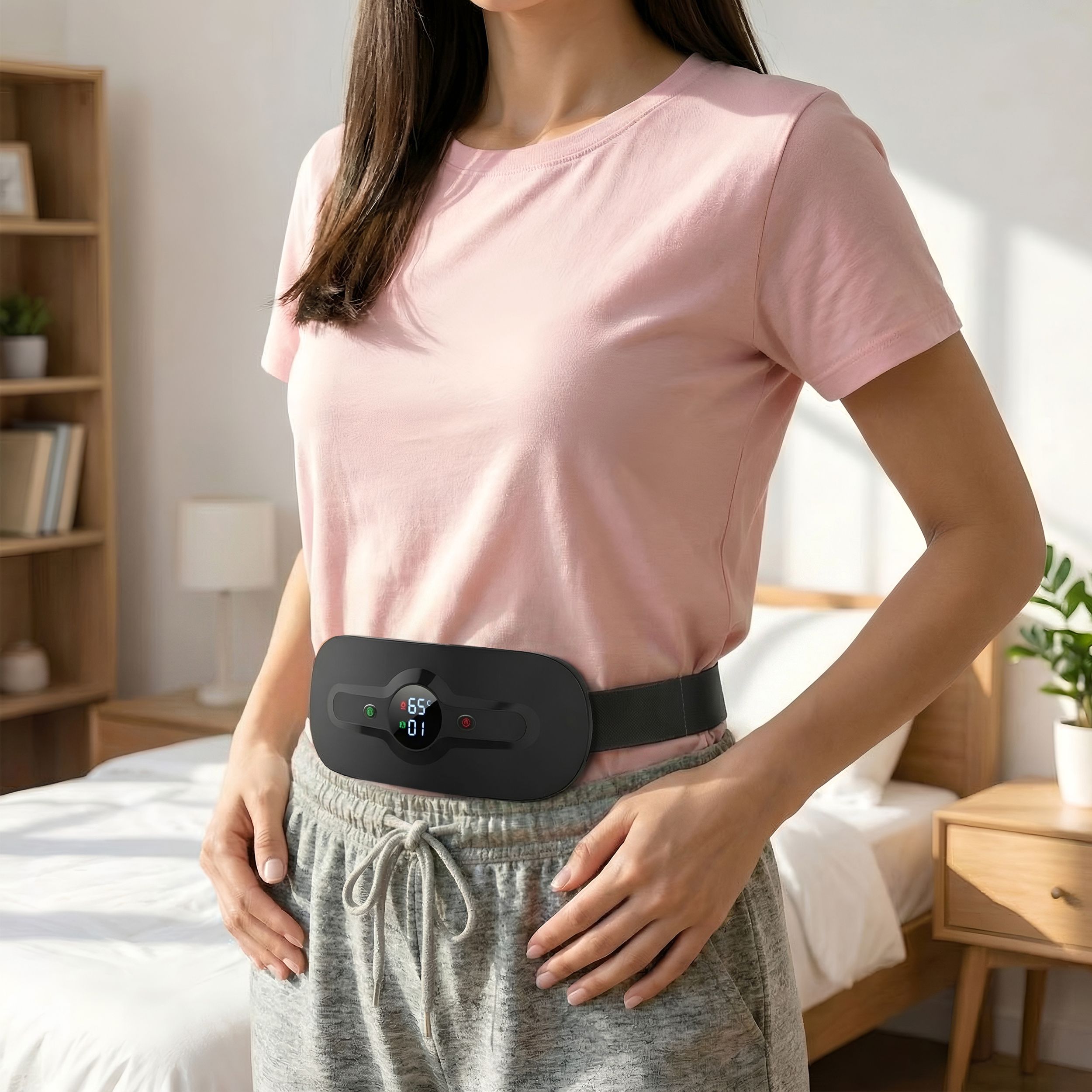 Ceinture menstruelle chauffante noire autour de la taille d'une femme. Affichage numérique visible. La femme porte des vêtements de sport.