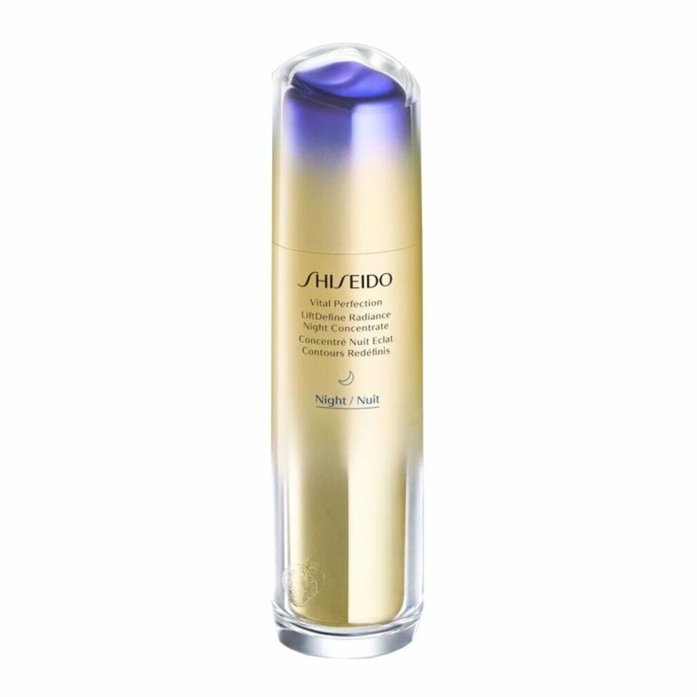 Flacon doré, bouchon violet. Inscription: Shiseido Vital Perfection LiftDefine Radiance Concentré de Nuit.