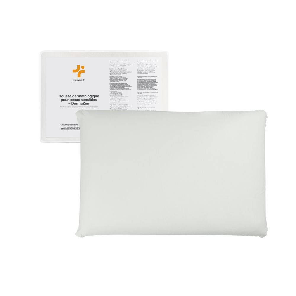 Wit kussen met verpakking. Op de verpakking staat "INPHYSIO Housse Dermatologique pour Peaux Sensibles – DermaZen".