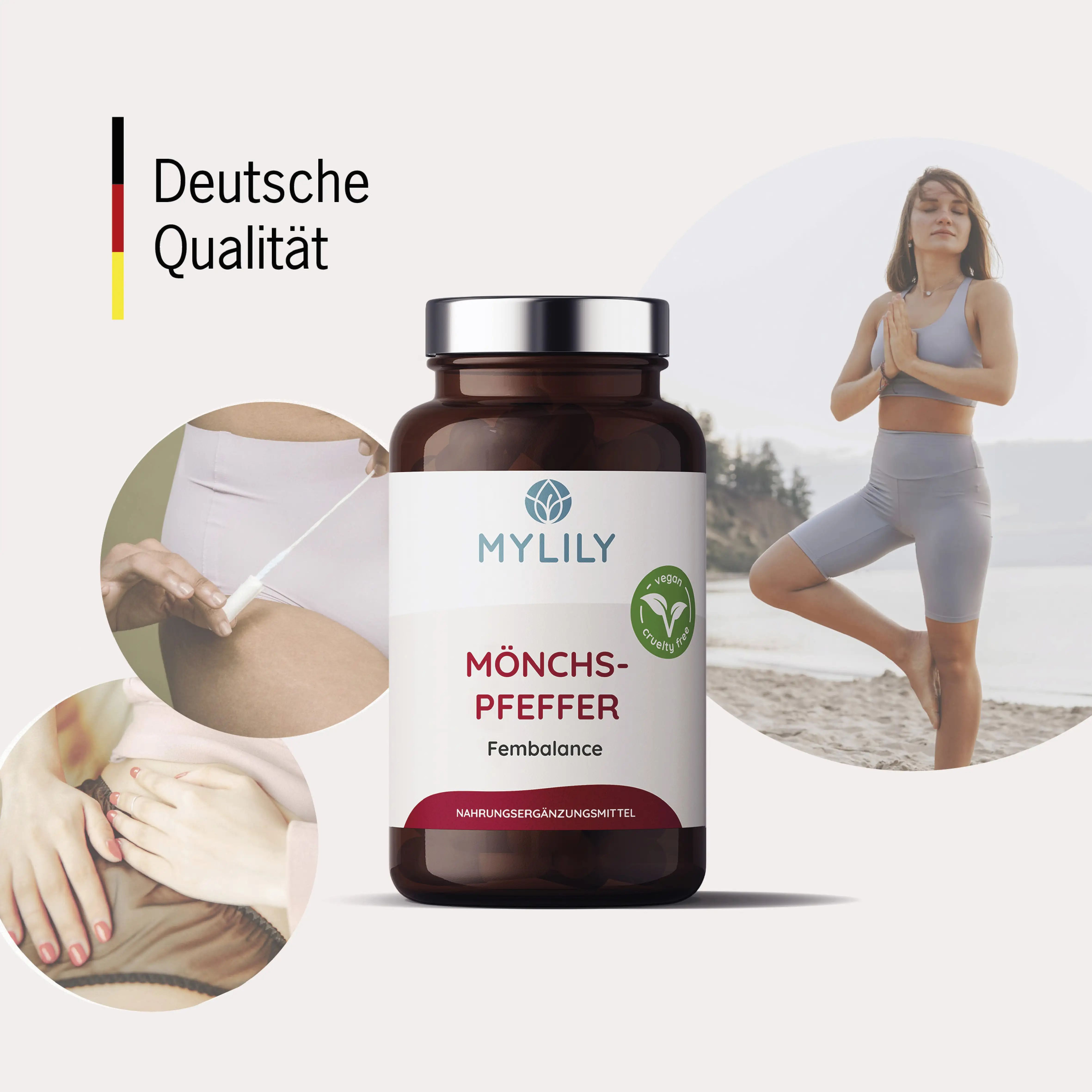 Flacon du produit avec logo MYLILY. Images supplémentaires: femme faisant du yoga, femme avec tampon, mains sur le ventre. Qualité allemande.