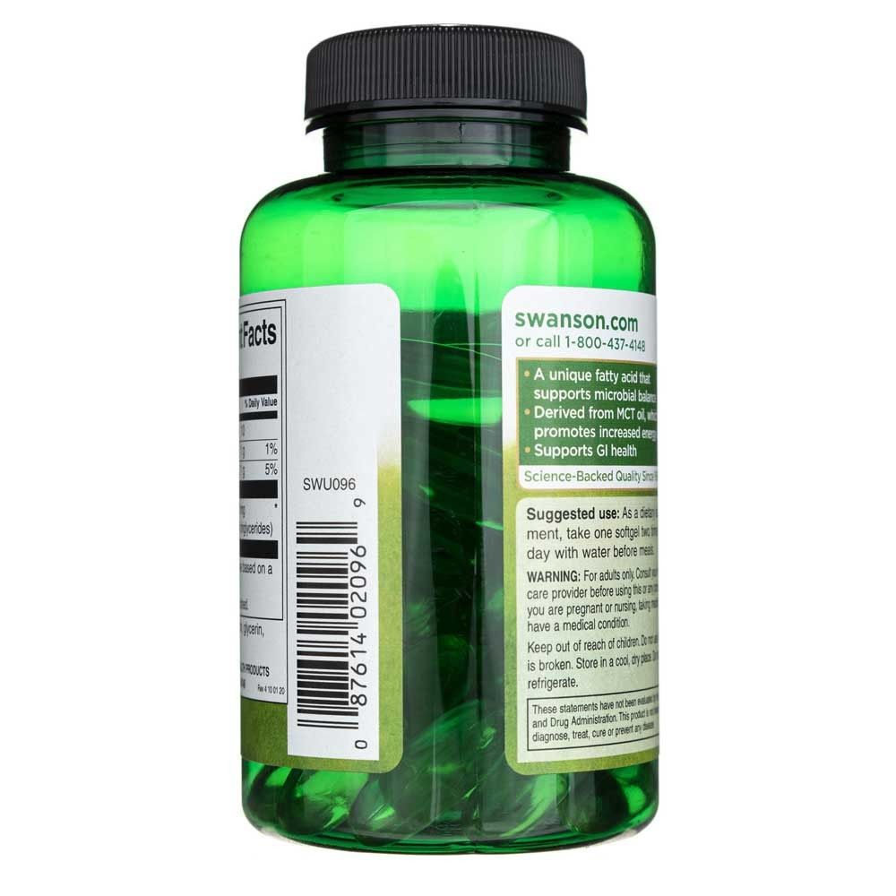 Zijkant van een groene fles met Caprylic Acid softgels, barcode en productinformatie.