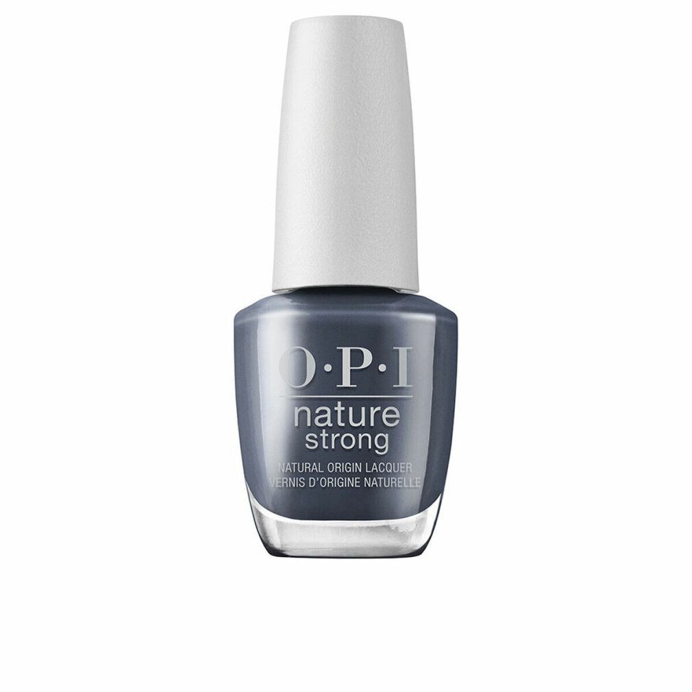 OPI Nature Strong nagellakflesje. Grijze vloeistof, witte dop. Opschrift: OPI, Nature Strong.