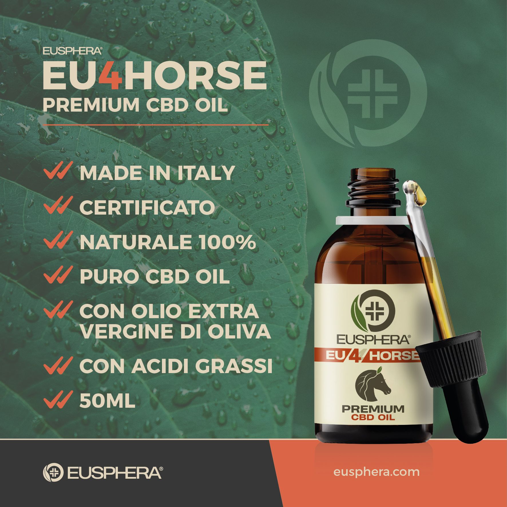 Bruine glazen fles met druppelaar. Opschrift EU4HORSE, Premium CBD Oil. Lijst met ingrediënten en certificeringen.