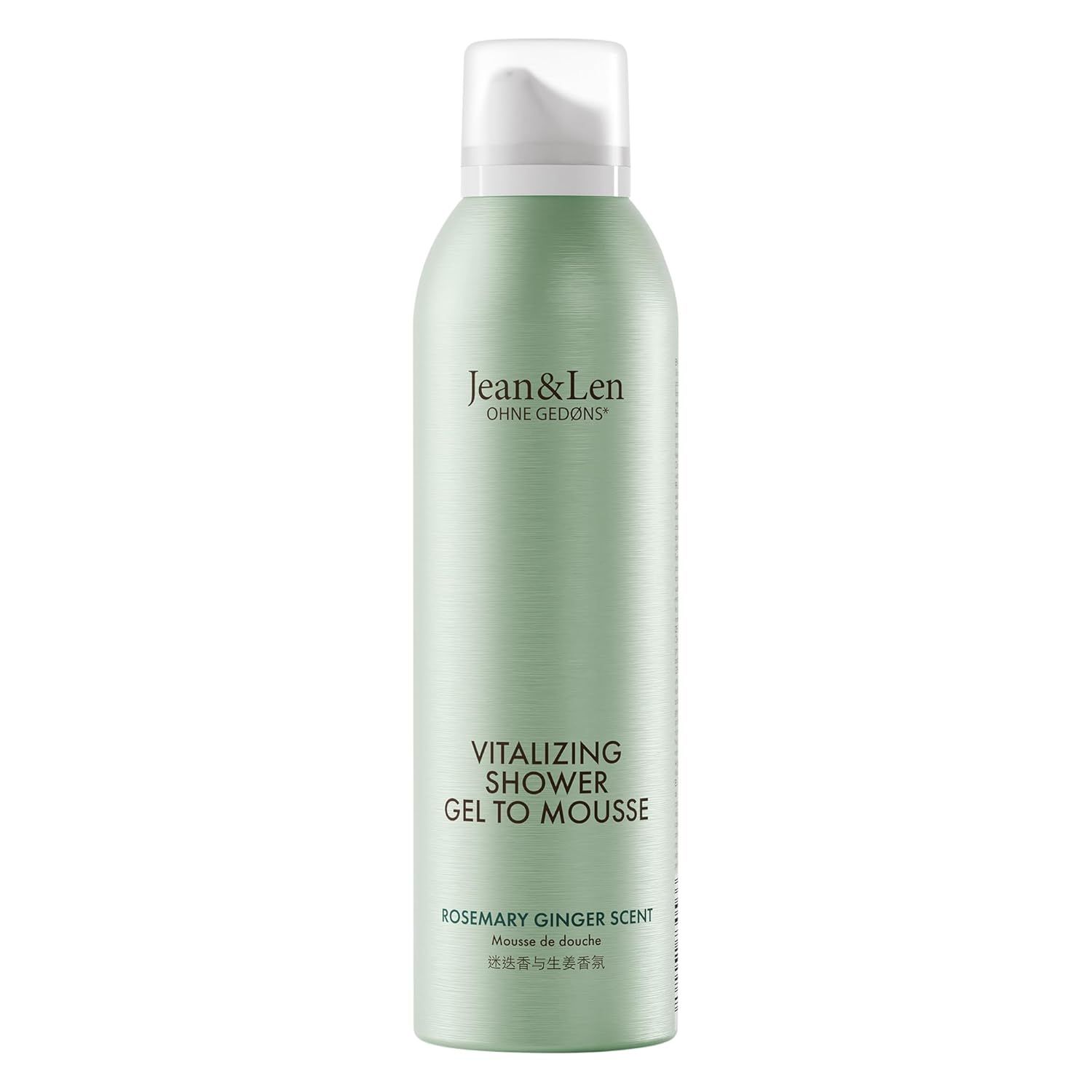 Flacon vert avec bouchon blanc. Texte: Jean & Len, Vitalizing Shower Gel to Mousse, Rosemary Ginger Scent.