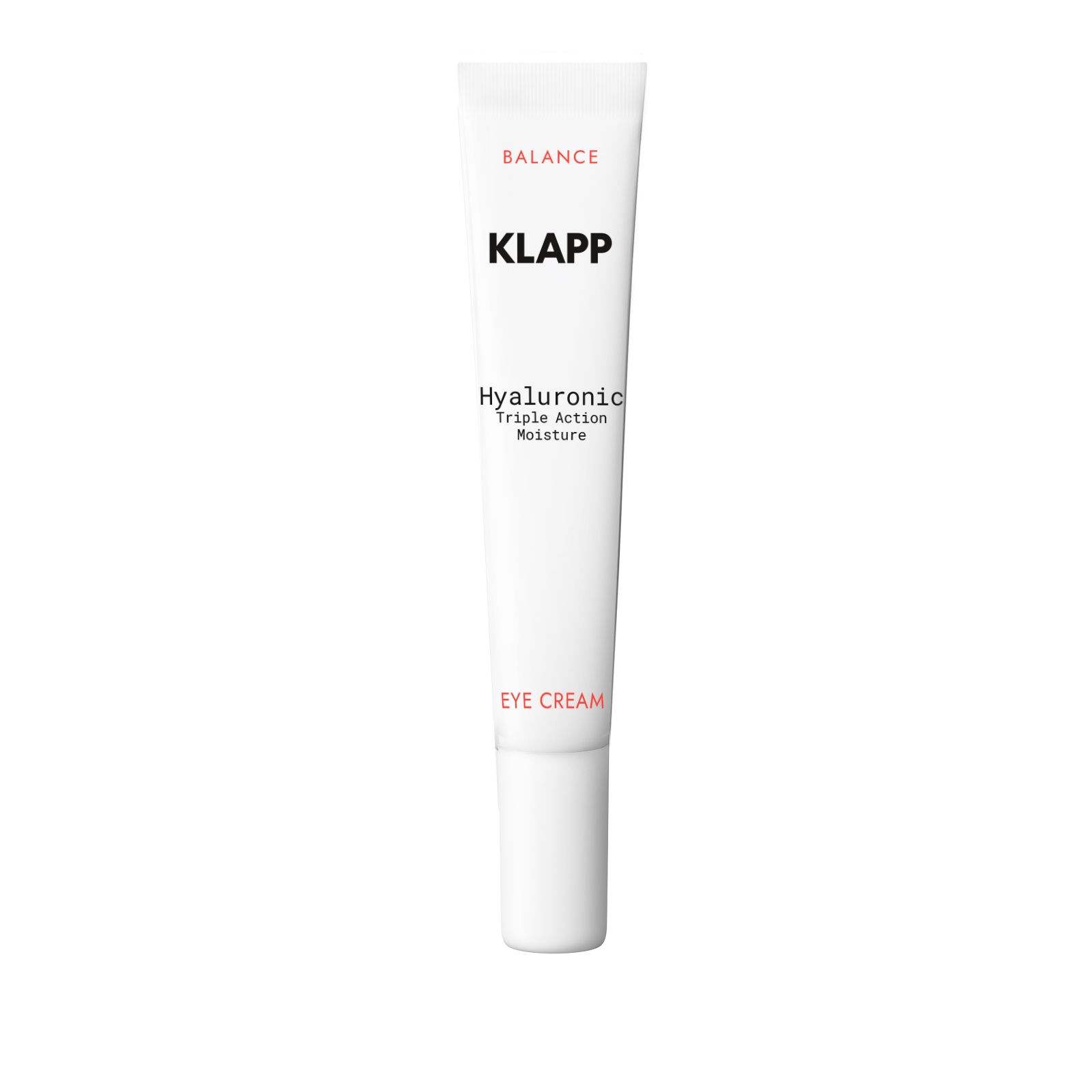 Tube blanche avec texte noir KLAPP, Hyaluronic Triple Action Moisture Eye Cream. Logo Balance.