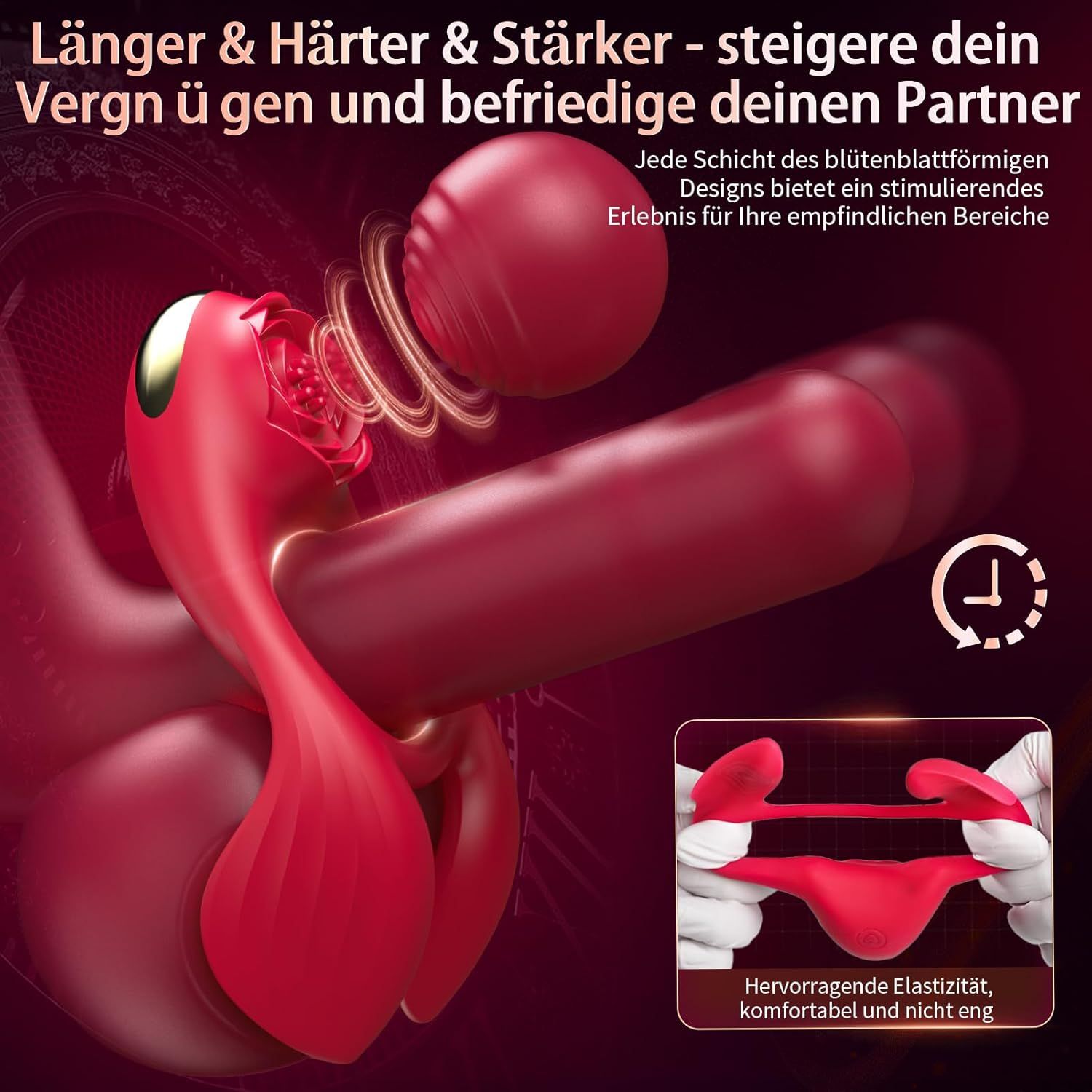 Stimulateur rouge avec design pétale et anneaux vibrants. Montre un test d'élasticité.