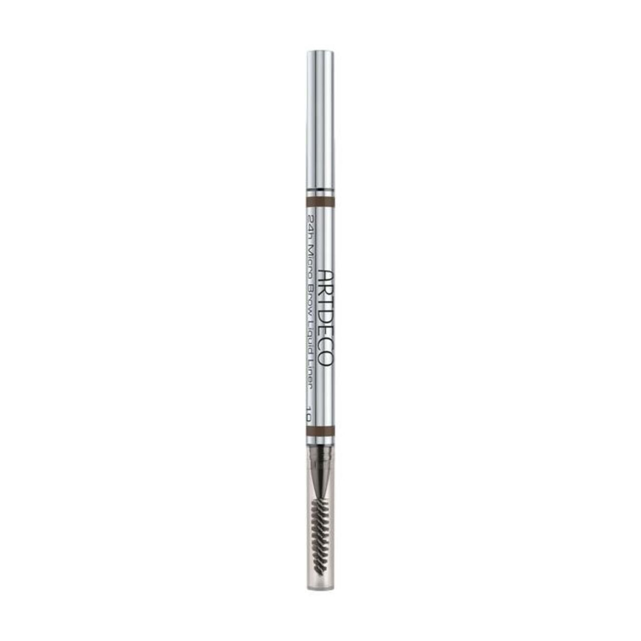 Potlood met borstel. Zilverkleurig potlood met productnaam. Borstel aan de onderkant. Productnaam: Artdeco 24h Micro Brow L.L.W.Brush.