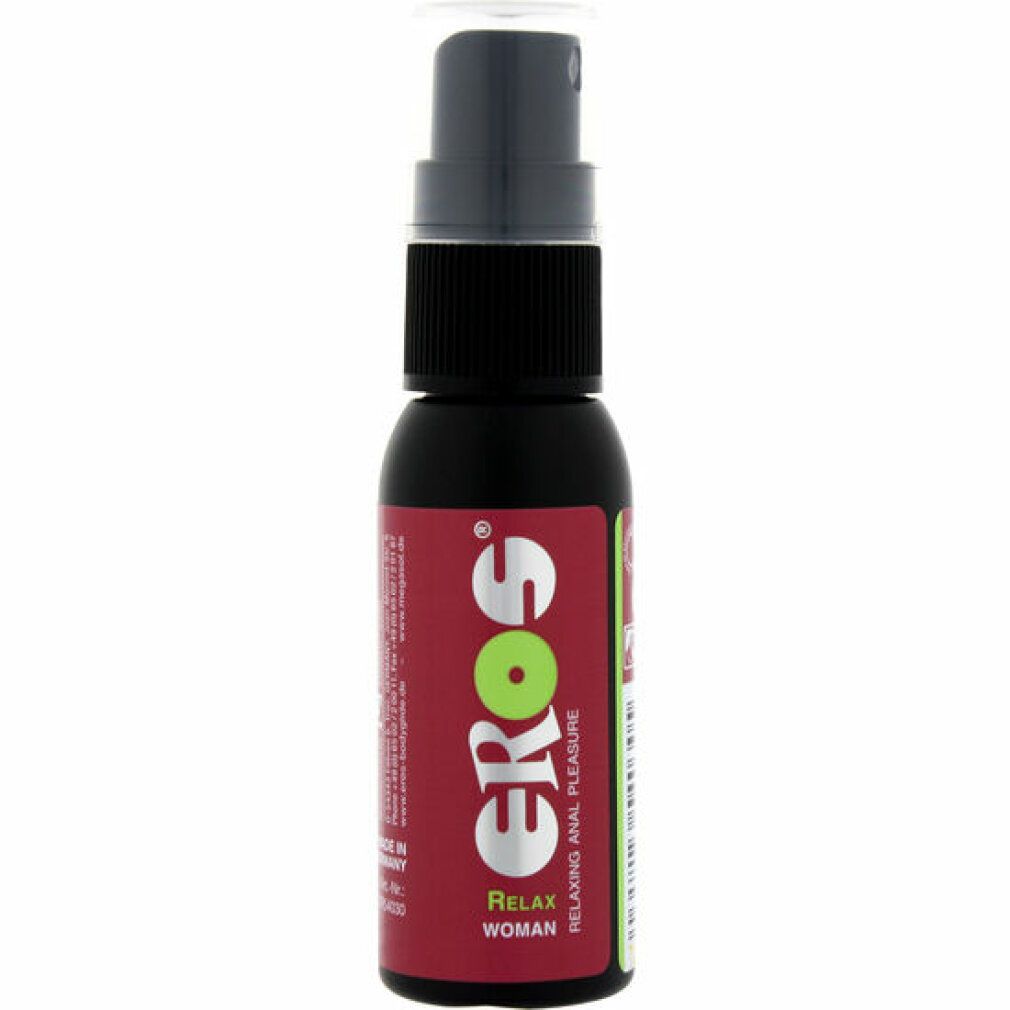 Zwarte fles met verstuiver. Opschrift EROS, Relax Woman. Rode en groene etiketten.