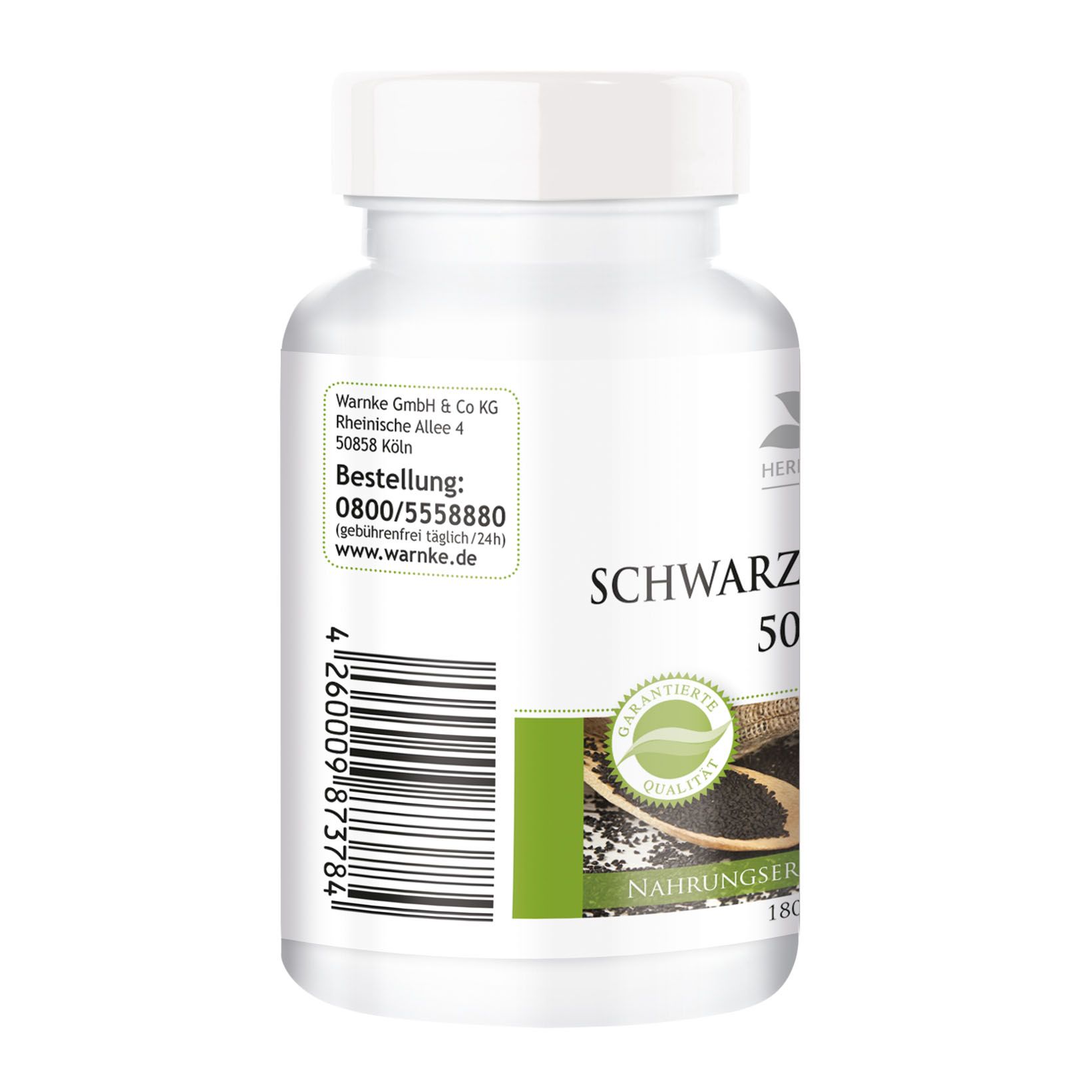 Dos du flacon de gélules blanc. Texte : "SCHWARZKÜMMEL-ÖL 500MG". Logo "Herbadirekt". Informations de contact et adresse.
