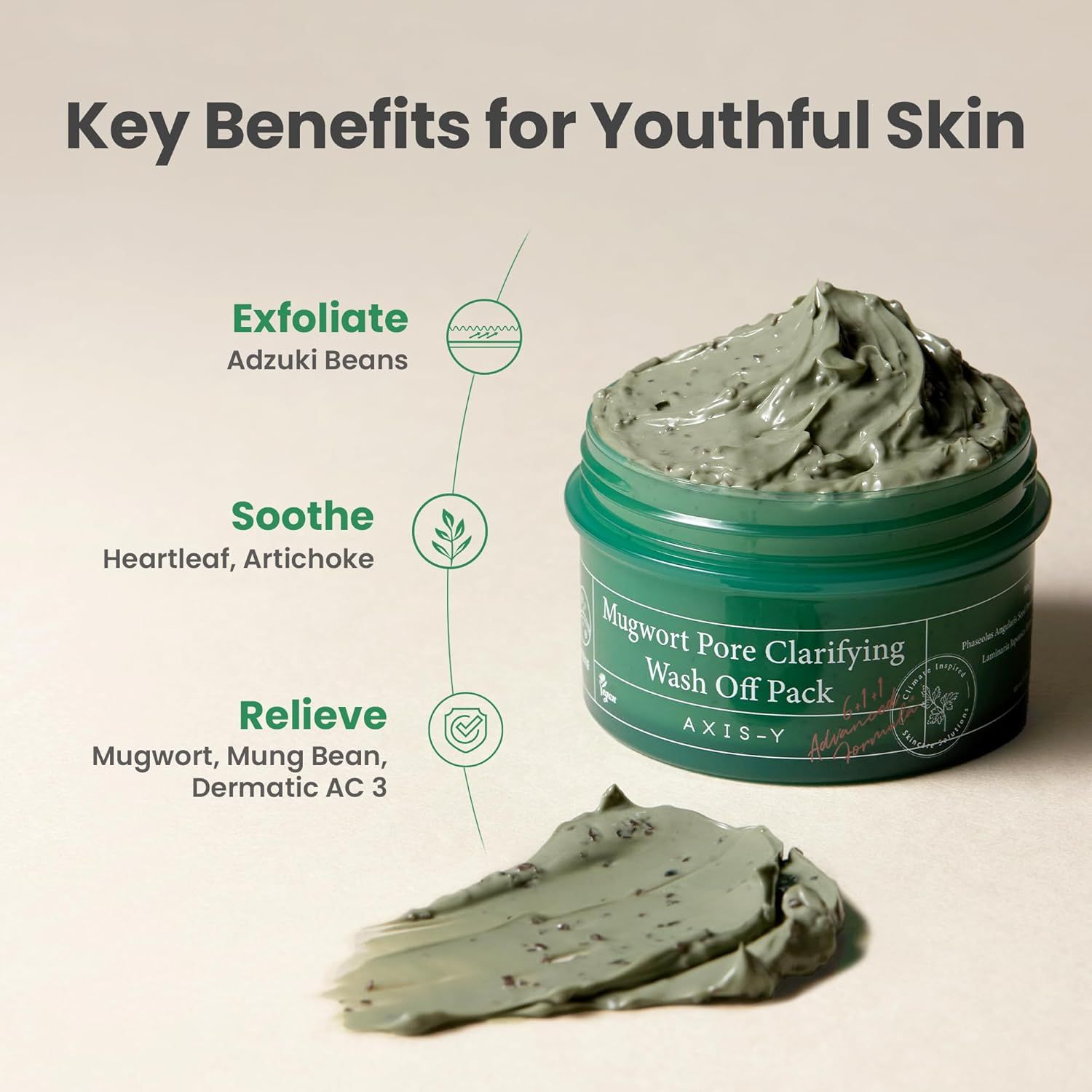 Groene pot met masker. Tekst: Key Benefits for Youthful Skin. Voordelen: Exfoliate, Soothe, Relieve. Merk: AXIS-Y.