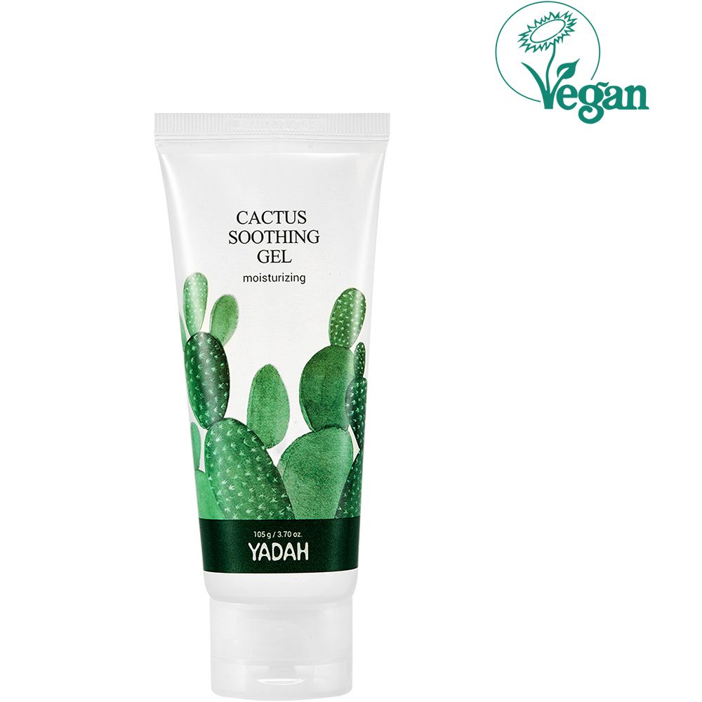 Tube blanc avec motif cactus vert. Inscription: Cactus Soothing Gel, moisturizing. Marque: YADAH. Sceau végétalien.