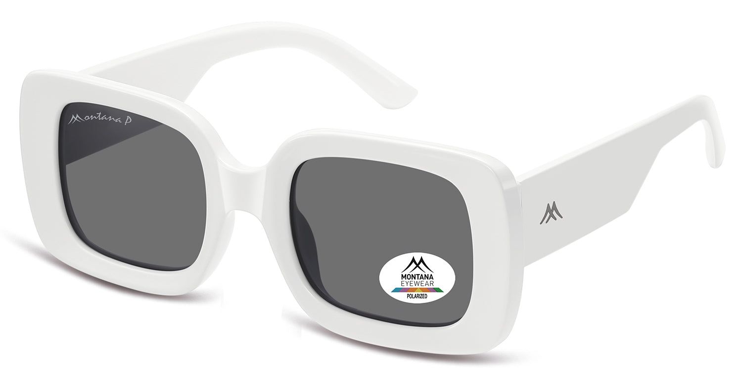Lunettes de soleil blanches, verres gris. Forme rectangulaire, coins arrondis. Logo Montana Eyewear sur la branche et le verre. Polarisées.