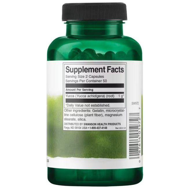 Dos du flacon vert. Inscription: Supplement Facts. Yucca (racine) 1g. Autres ingrédients: gélatine, etc. SWANSON HEALTH PRODUCTS.