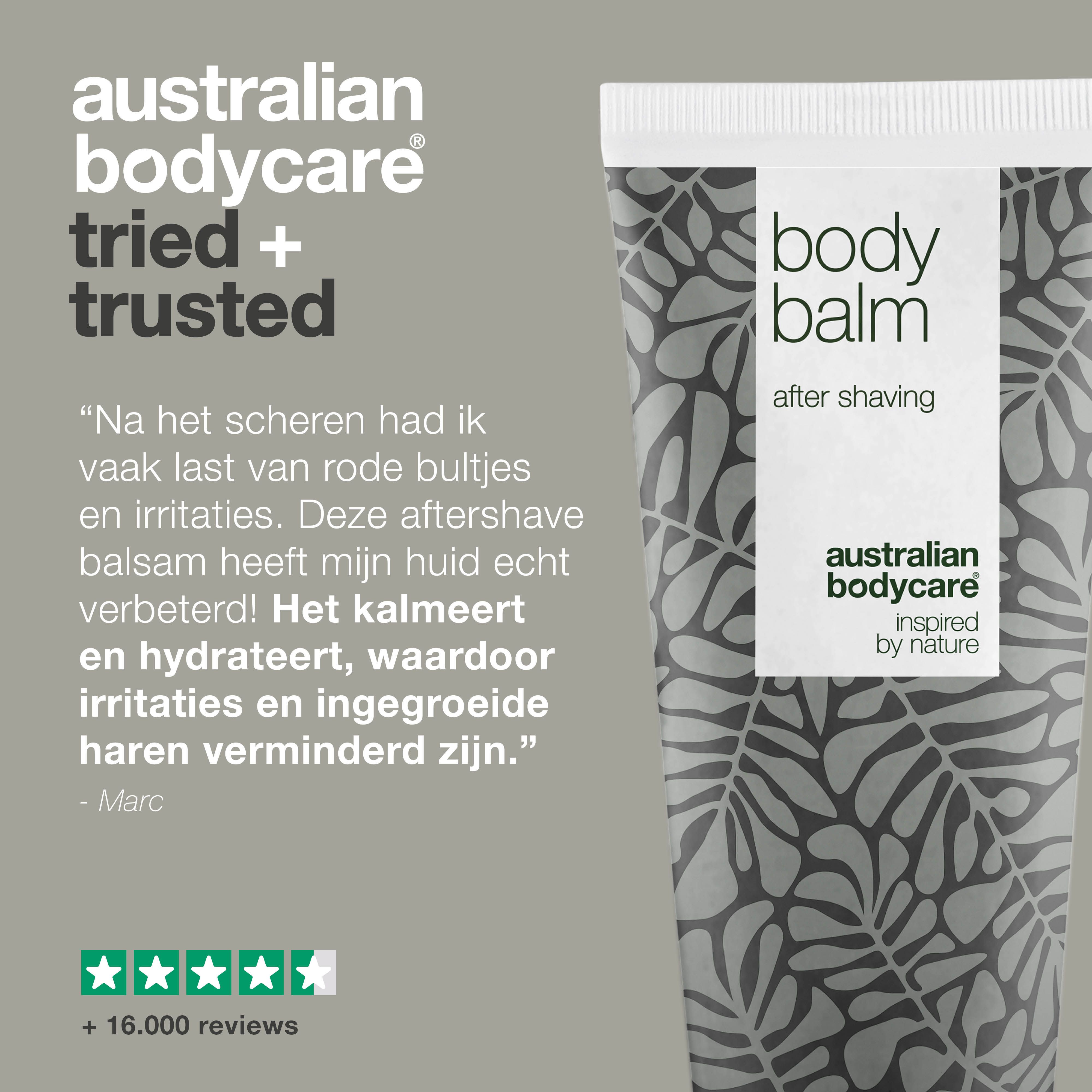 Vergelijking: probleem en oplossing. Links: been met scheerbrand. Rechts: tube aftershavebalsem. Opschrift: Body Balm, Australian Bodycare.