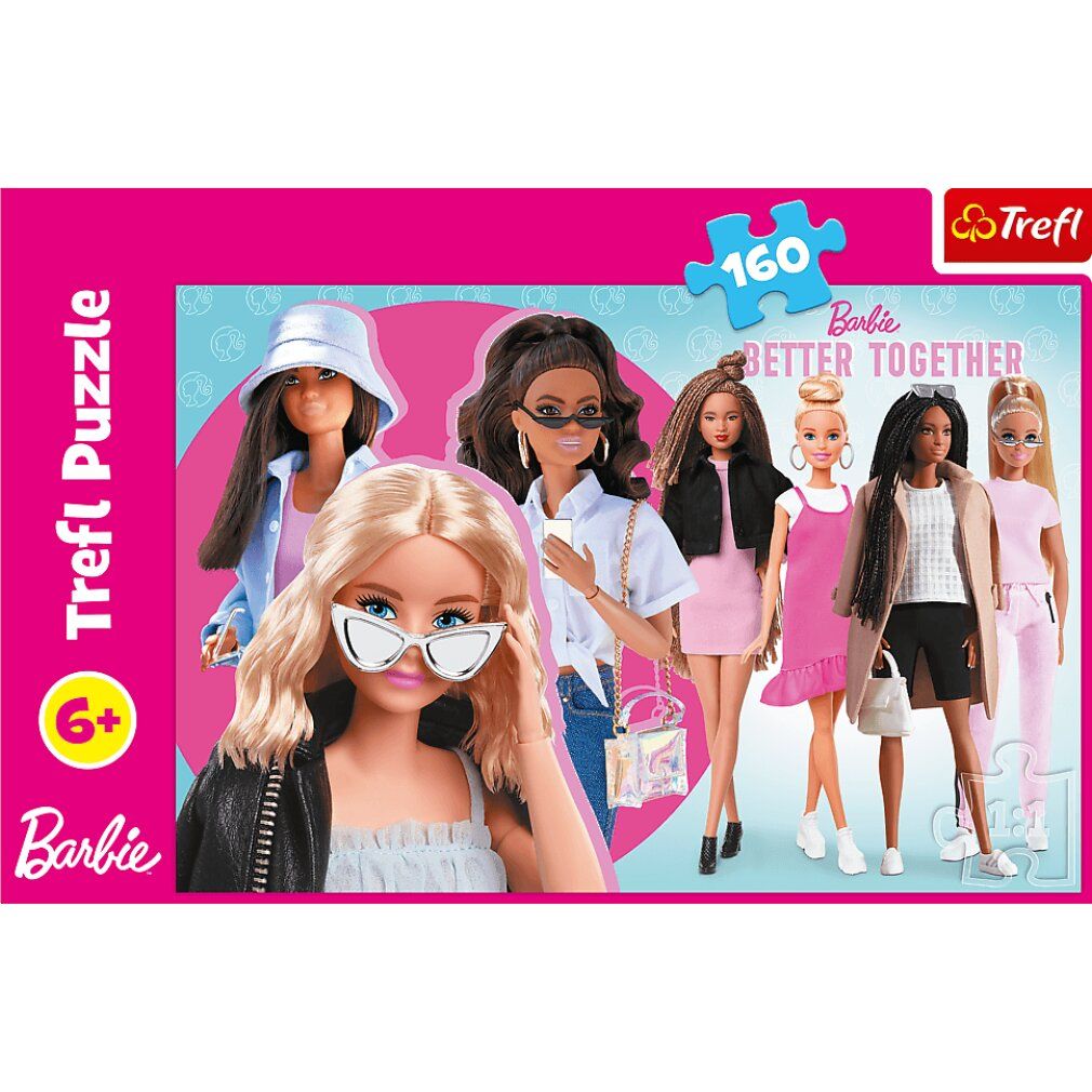 Trefl Puzzel Barbie, 160 stukjes. Verpakking met Barbie-motief. Zes Barbie-poppen. Aanbevolen leeftijd 6+. Logo Trefl en Barbie.