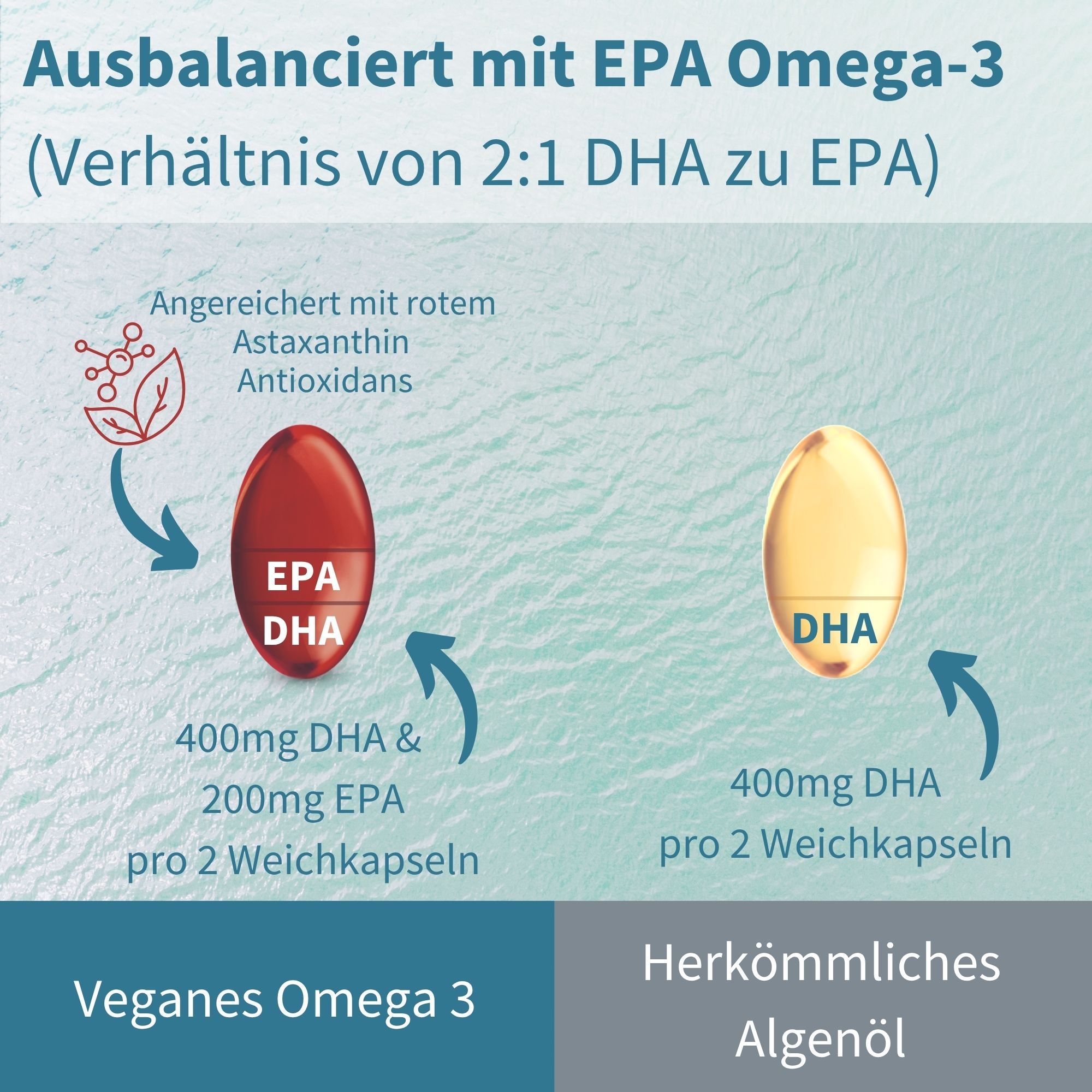 Comparaison de l'oméga 3 végétalien avec astaxanthine et de l'huile d'algues traditionnelle, dosage par capsule.