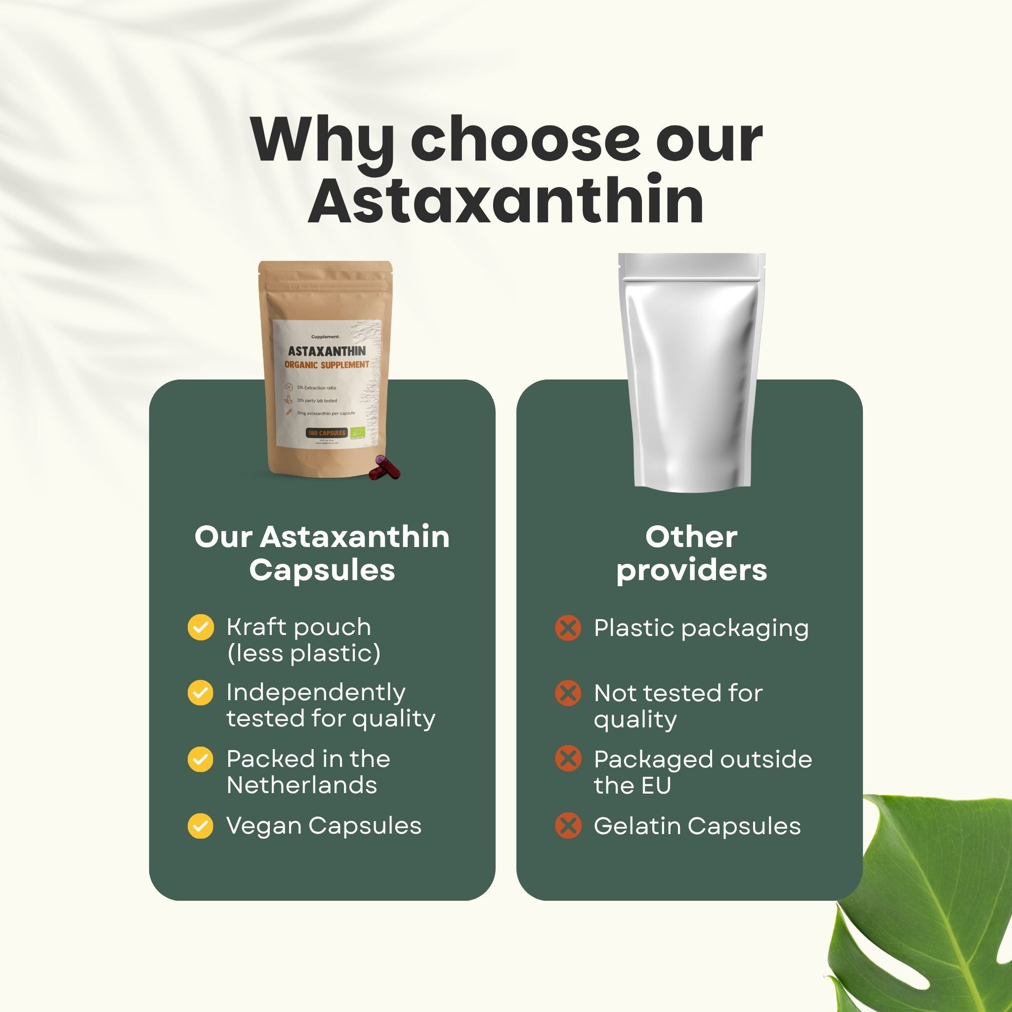 Comparaison : Nos capsules d'astaxanthine (pochette kraft, testées, Pays-Bas) vs autres fournisseurs (plastique, non testé).