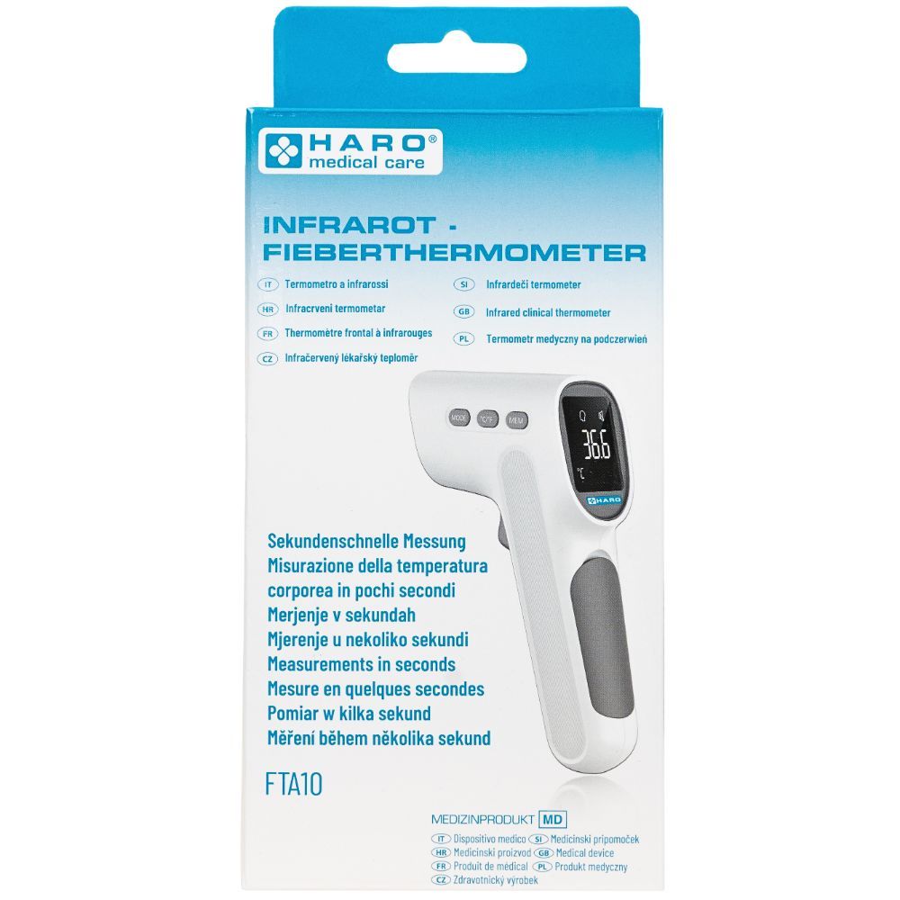 Thermomètre infrarouge pour la fièvre dans son emballage. Appareil blanc avec écran, 3 boutons et poignée grise. Texte: HARO, Infrarouge.