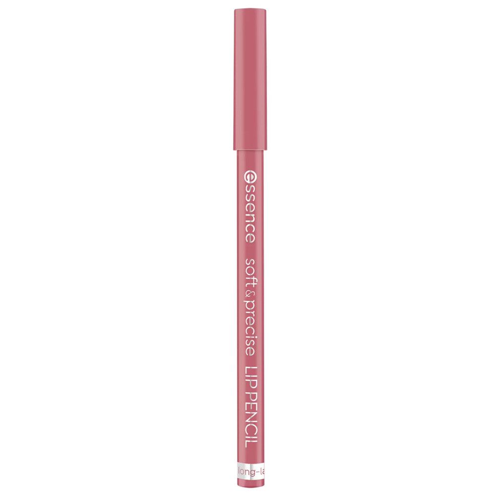 Roze lippotlood met dop. Opschrift: Essence soft & precise LIP PENCIL.