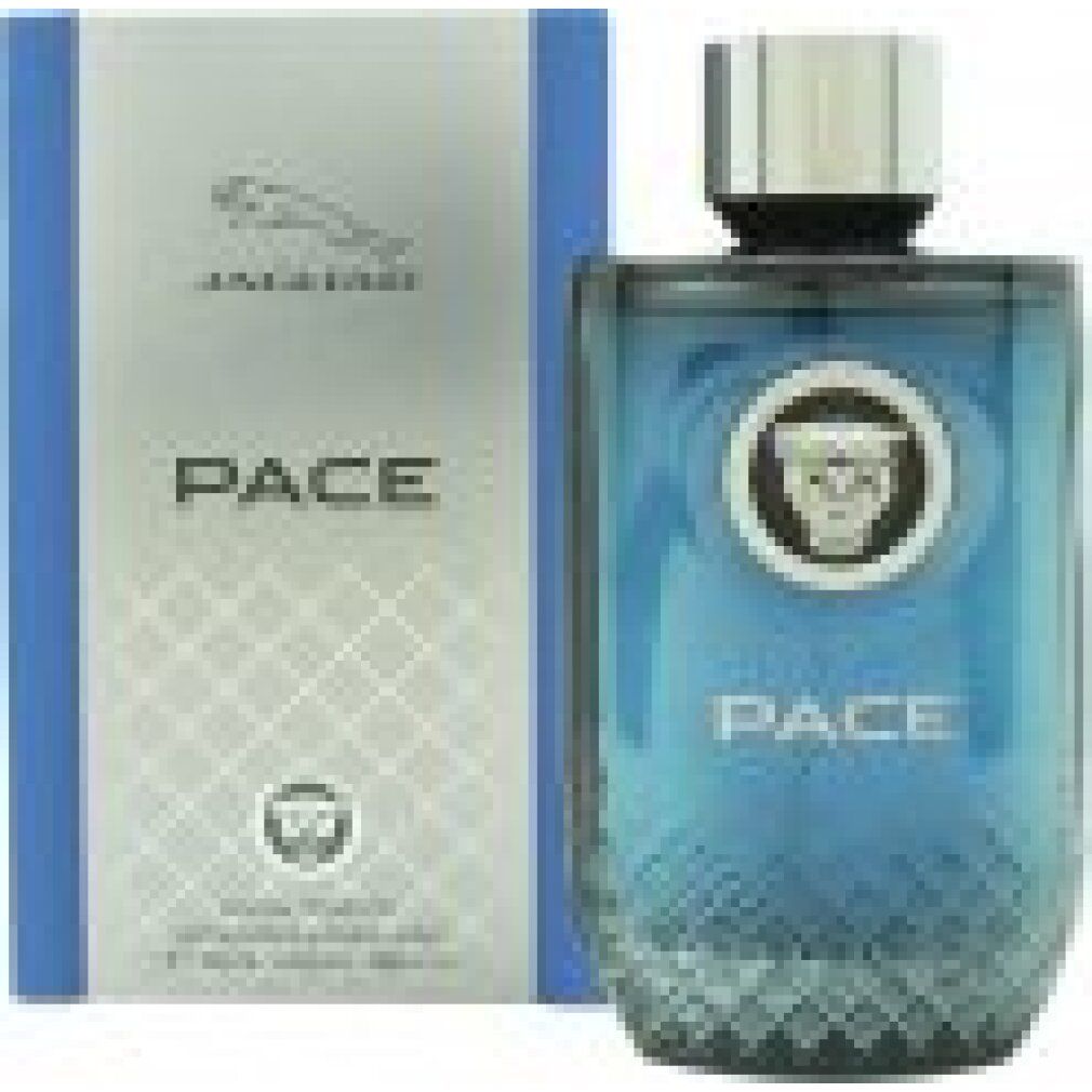 Spray Eau de Toilette bleu avec bouchon argenté et logo. Flacon et emballage rectangulaires avec logo Jaguar et inscription PACE.
