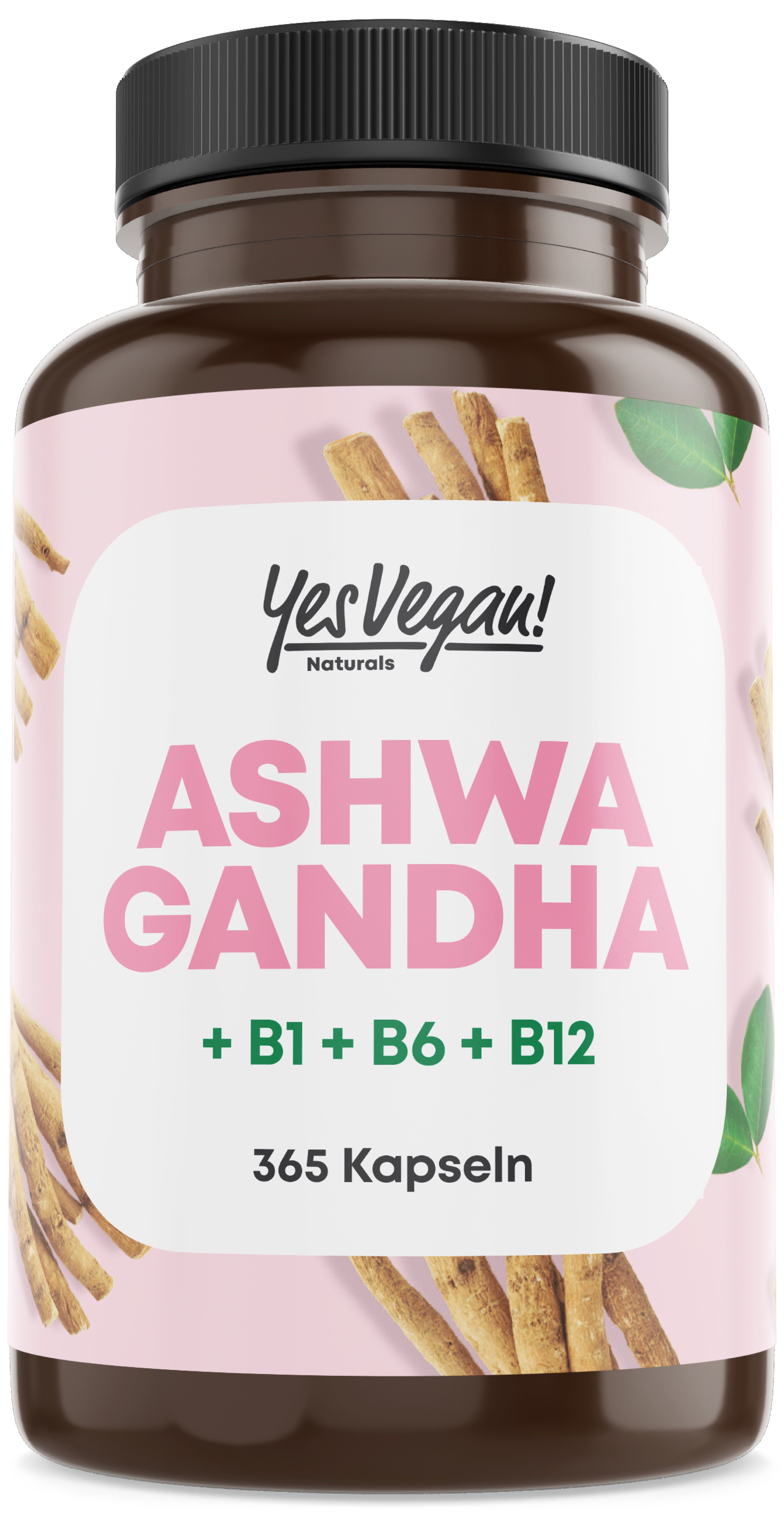 Bouteille Yes Vegan Ashwagandha avec 365 gélules. Étiquette rose avec racines d'Ashwagandha.