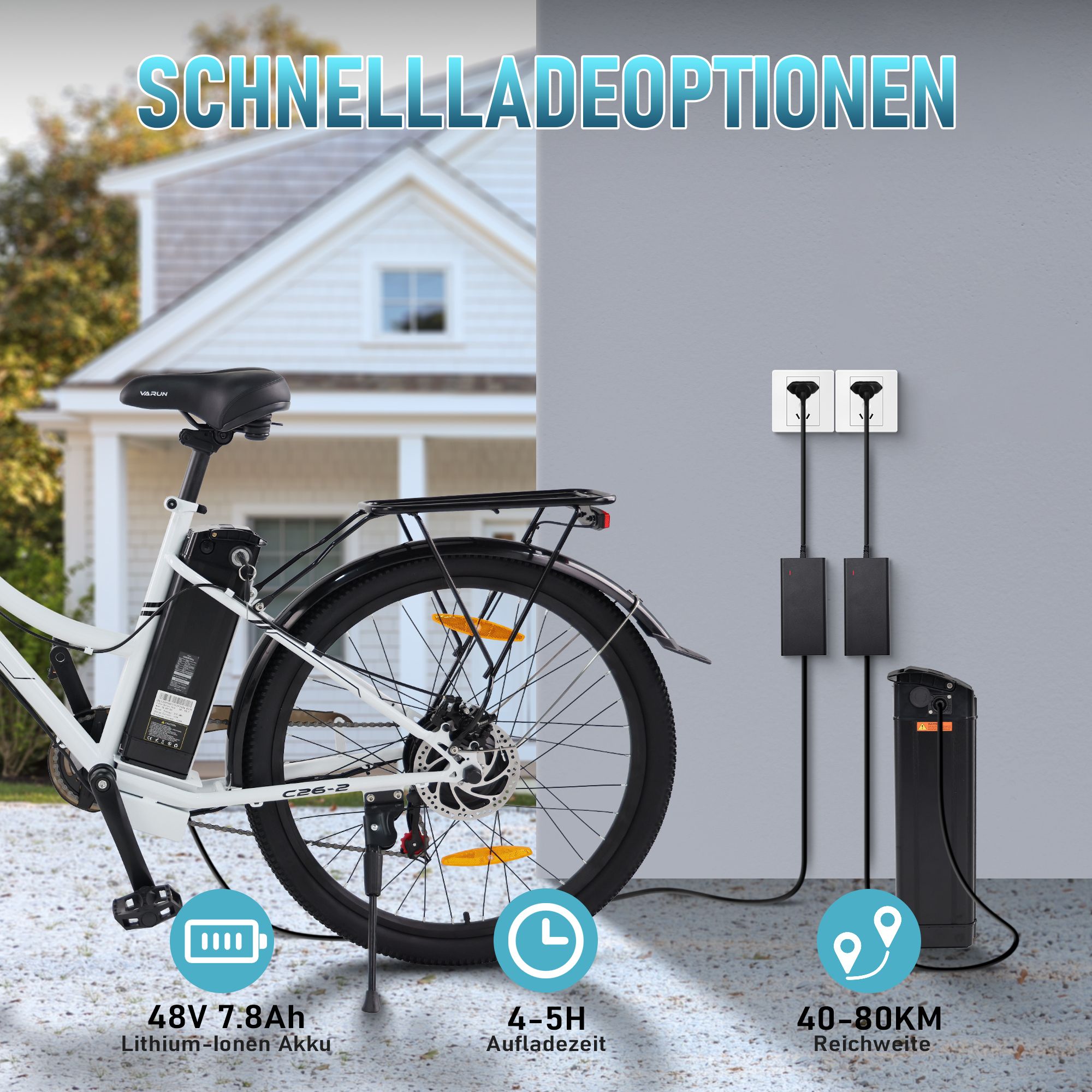 E-bike met oplader. 48V 7,8Ah lithium-ion batterij, 4-5H oplaadtijd, 40-80KM bereik. Stopcontacten en oplader aan de muur.