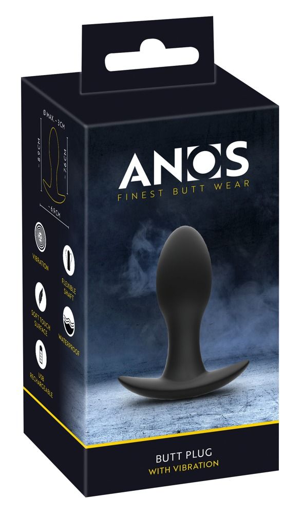 Emballage d'un bouchon anal vibrant noir avec image du produit et dimensions.