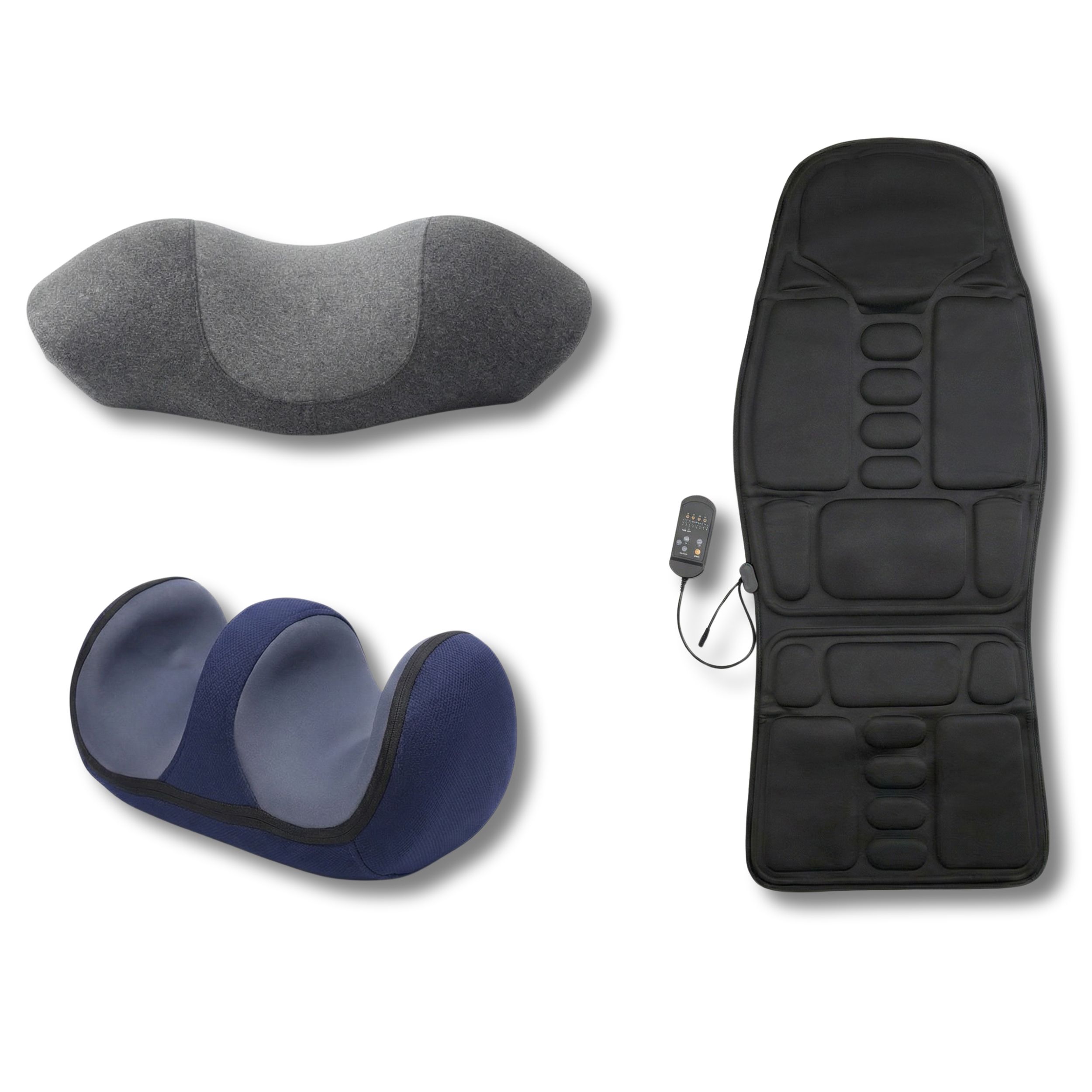 Trois coussins de massage : gris, bleu et un siège de massage noir avec télécommande.