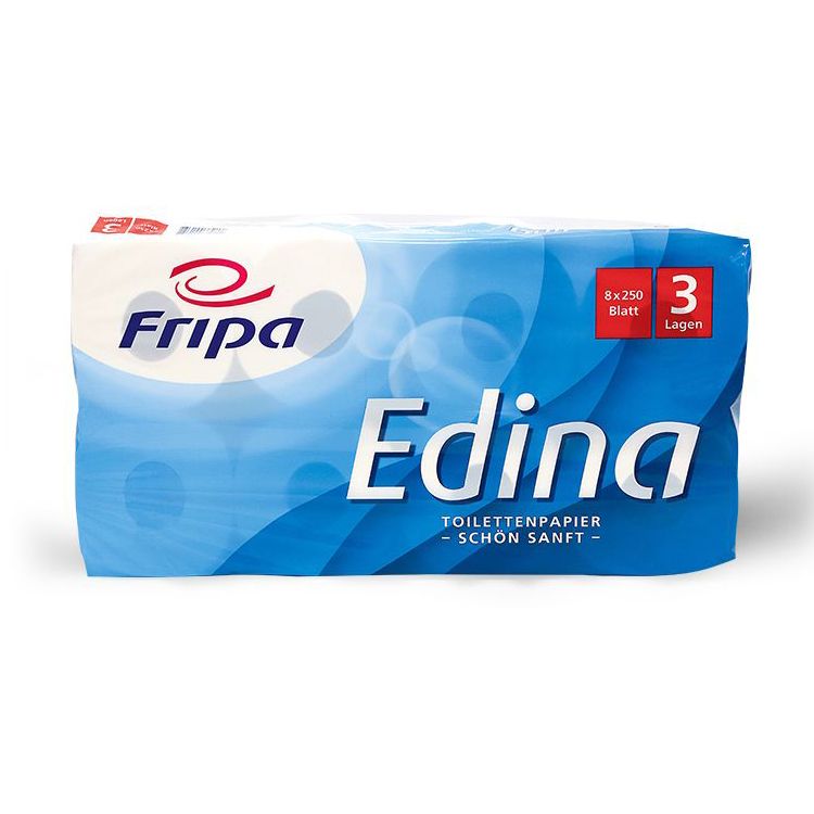 Fripa Edina toiletpapier, 3-laags. Blauwe verpakking met logo en naam. Bevat 8x250 vellen.