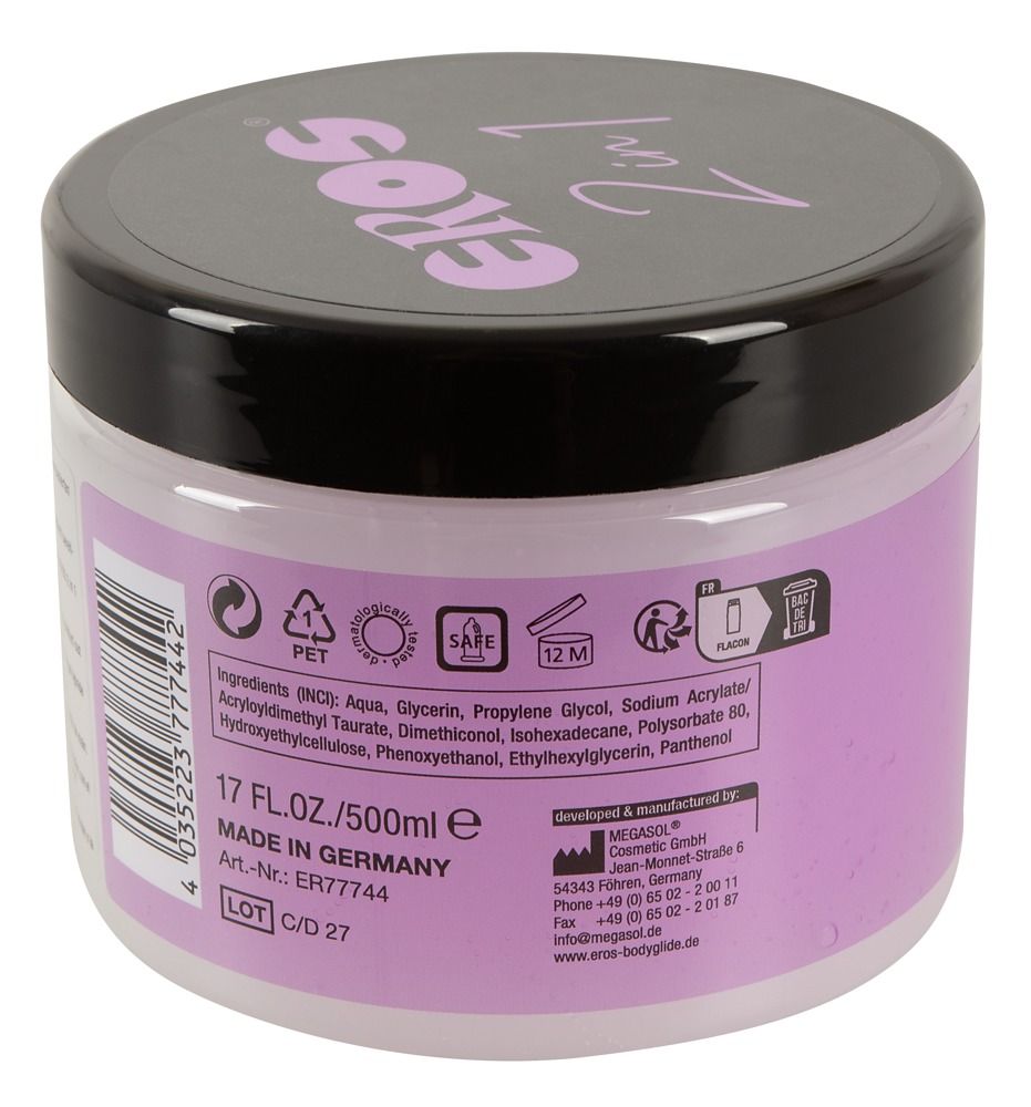 Pot rond avec couvercle noir et le nom EROS. Inscription "2in1" et "fist #lube".