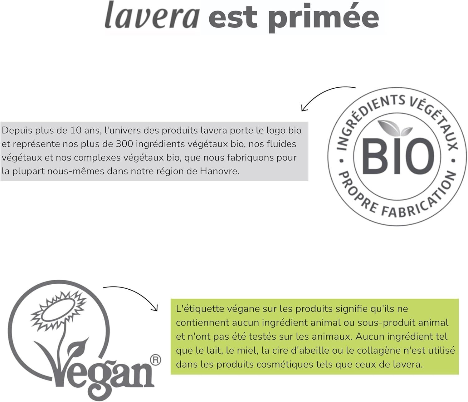 Logo Bio avec motif de feuille et texte "Ingrédients Végétaux Propre Fabrication". Logo Vegan avec tournesol et texte "Vegan".