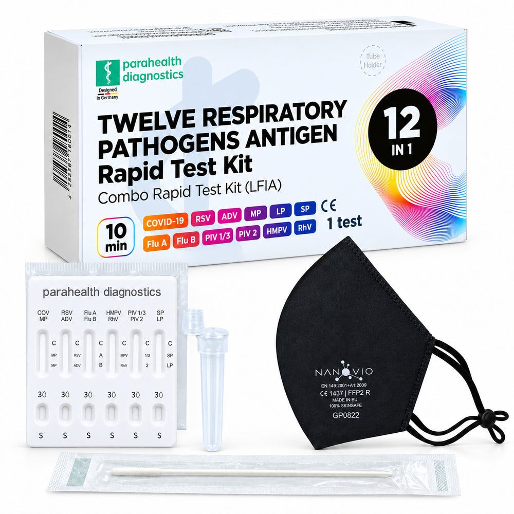 Kit de test rapide combiné Parahhealth Diagnostics 12-en-1 pour pathogènes respiratoires, avec masque et accessoires.