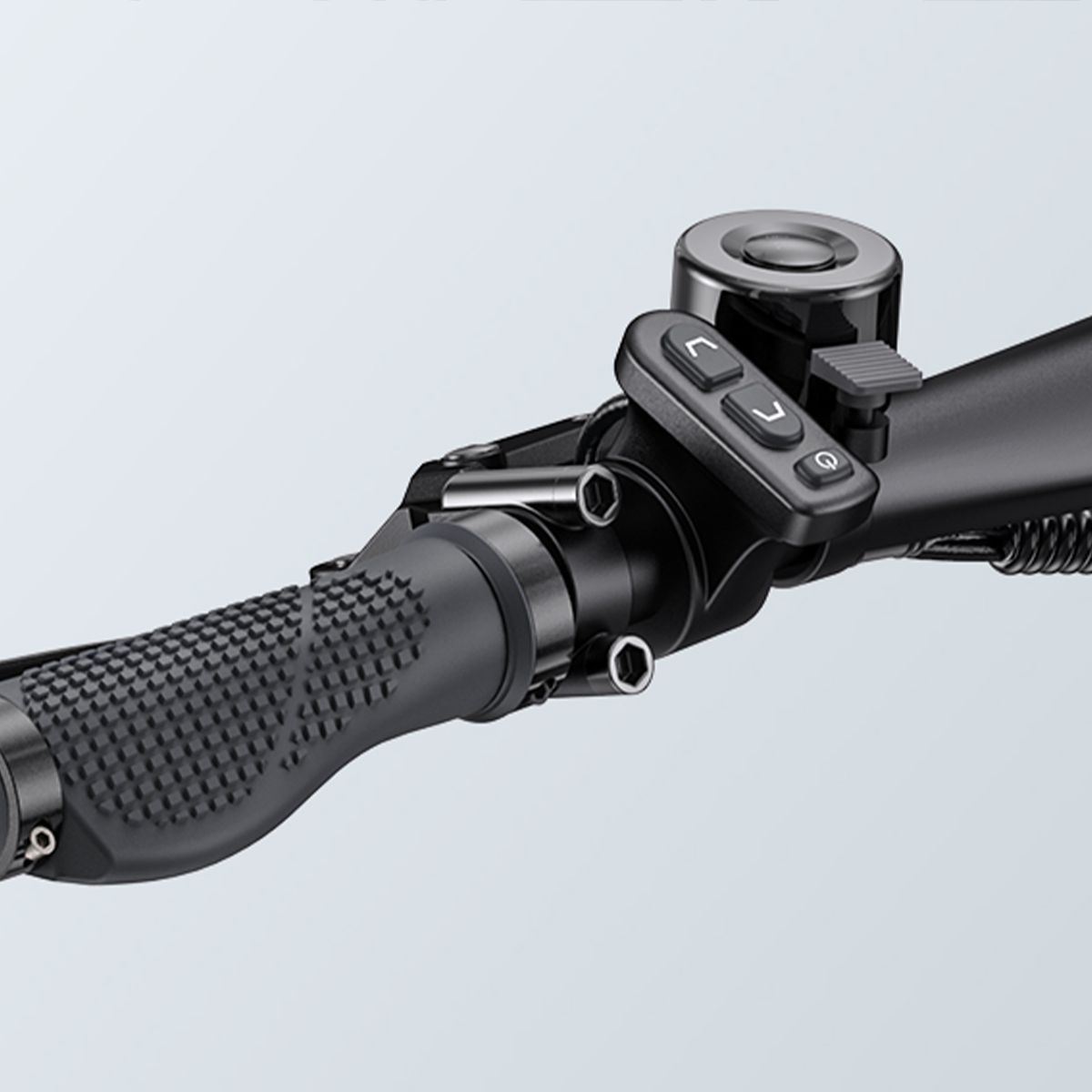 Guidon de vélo électrique avec poignée, commandes et sonnette. Couleur noire.