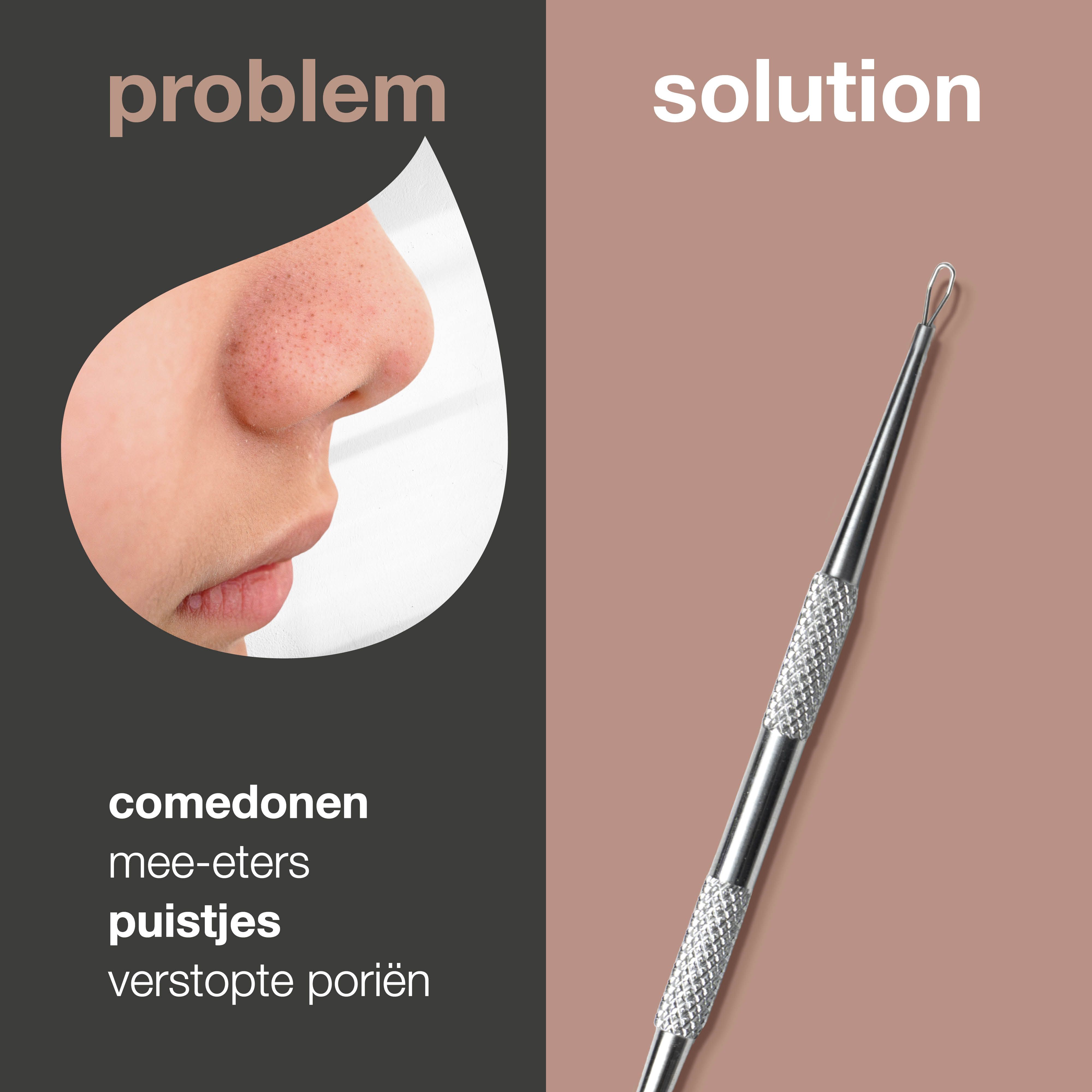 Gezicht met huidonzuiverheden. Daarnaast een mee-eterverwijderaar. Tekst: comedonen, puistjes.