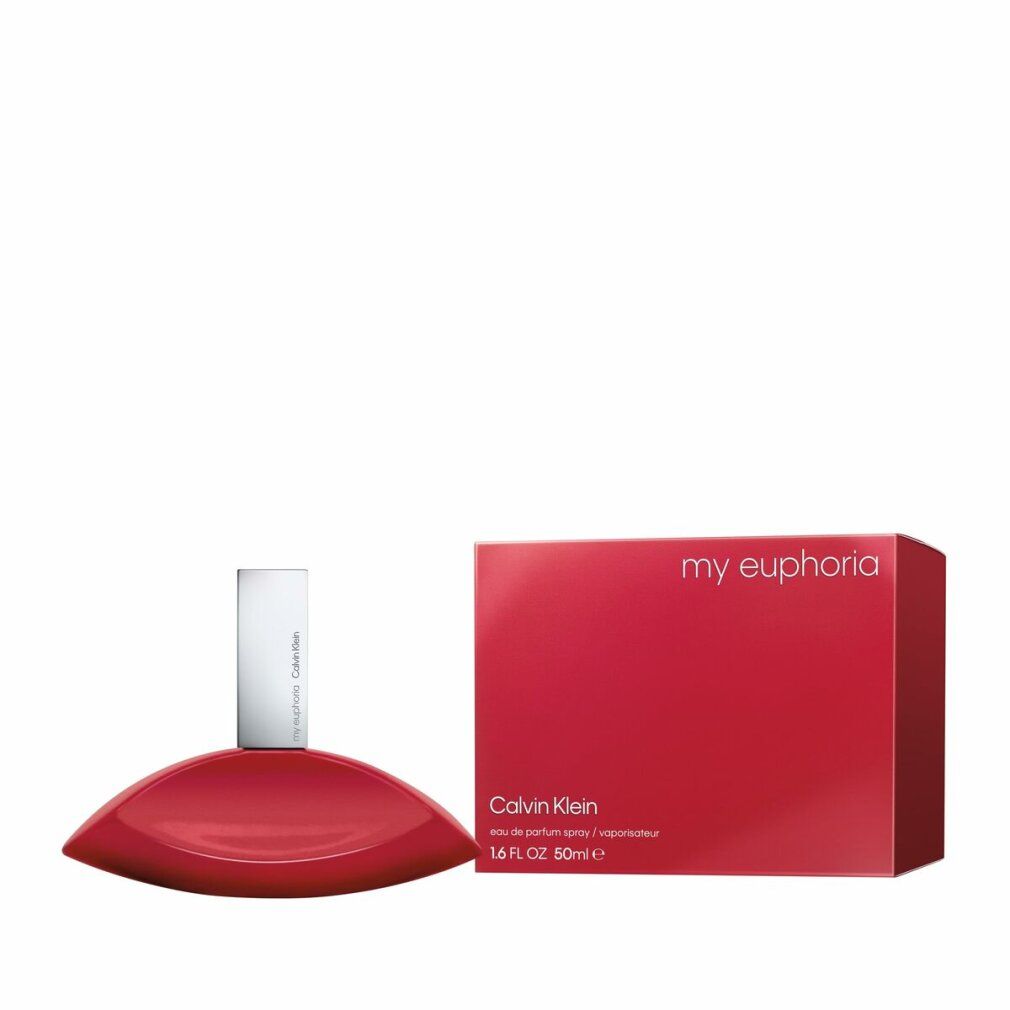Flacon rouge et emballage. Flacon en forme de goutte avec bouchon argenté. Emballage avec inscription "my euphoria" et "Calvin Klein".