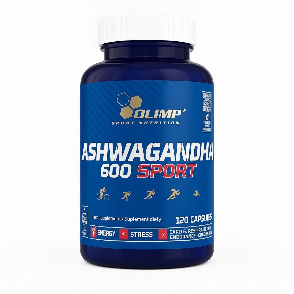 Olimp Ashwagandha 600 Sport: Pot bleu foncé avec couvercle blanc, 120 gélules, pour l'énergie et l'endurance.