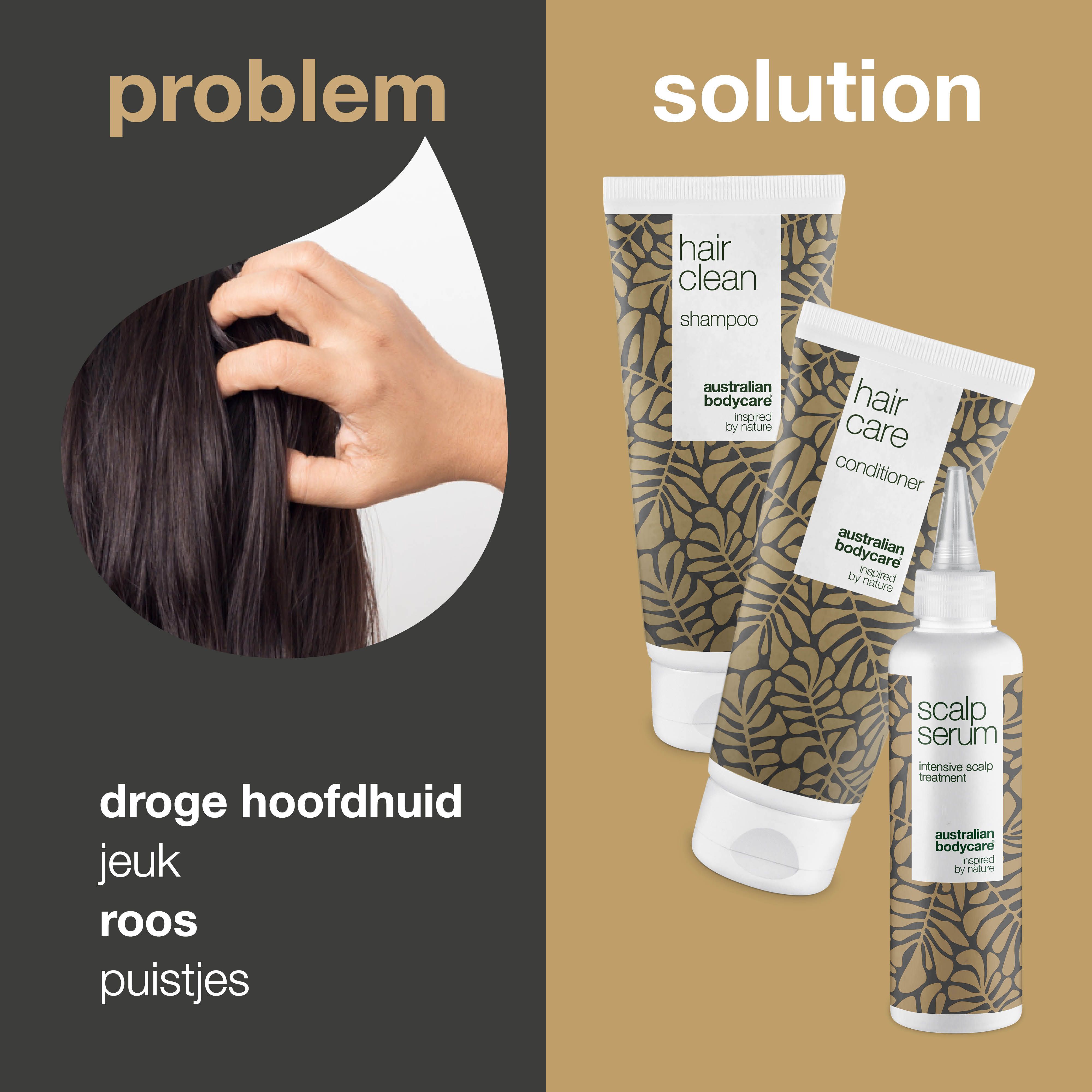 Vergelijking: probleem en oplossing. Shampoo, conditioner en serum. Witte flessen met bruin bladpatroon. Australian Bodycare.