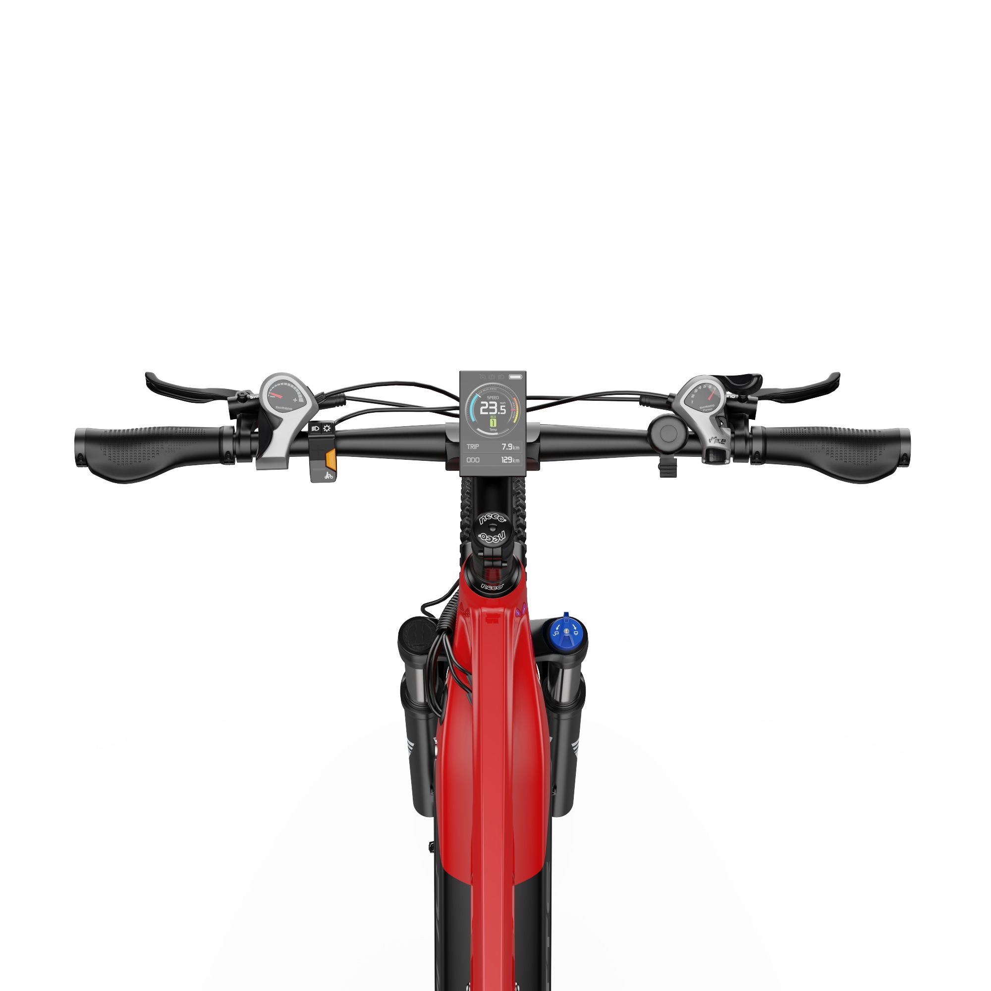 Gros plan sur le guidon d'un VTT électrique rouge et noir. Affichage numérique visible.