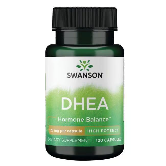 Groene fles met zwarte dop. Opschrift: SWANSON, DHEA, 25 mg per capsule, 120 capsules. Hormone Balance.