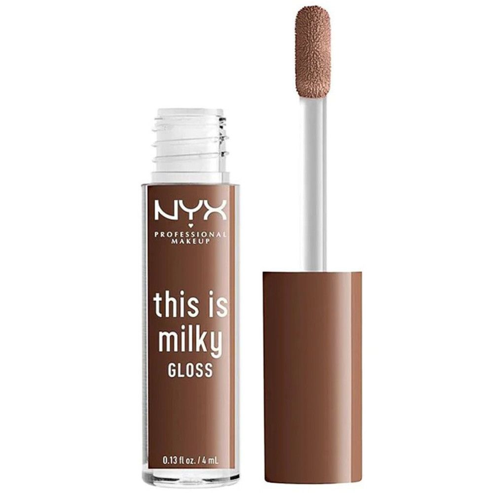 Gloss à lèvres marron dans un flacon transparent. L'applicateur est visible. Le flacon porte l'inscription "NYX Professional Makeup" et "this is milky GLOSS".