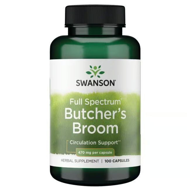 Flacon vert avec bouchon noir. Étiquette : "SWANSON", "Butcher's Broom", "470 mg par capsule", "100 Capsules".