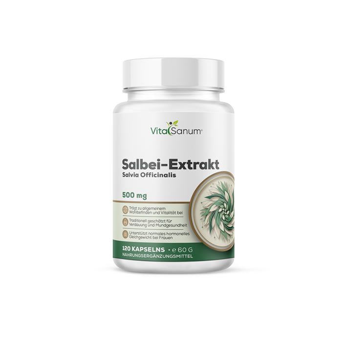 Un flacon d'extrait de sauge 500 mg de VitaSanum, avec informations nutritionnelles au dos.