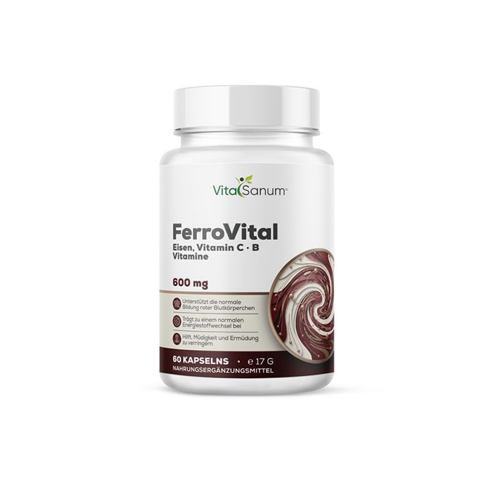 Witte fles VitaSanum FerroVital. Opschrift: IJzer, Vitamine C+B, 600 mg. 60 capsules. Voedingssupplement.