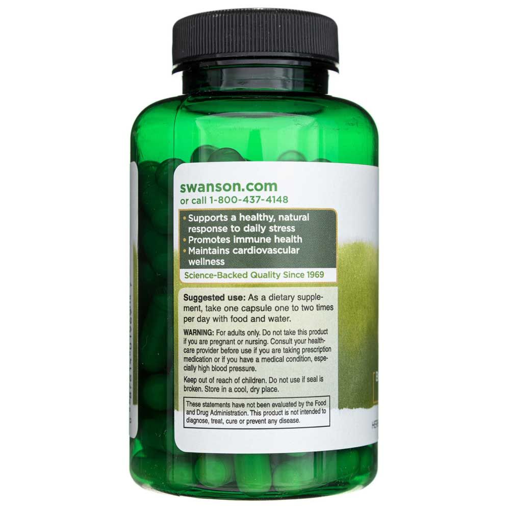 Arrière d'une bouteille verte de ginseng coréen Swanson, avantages du produit.