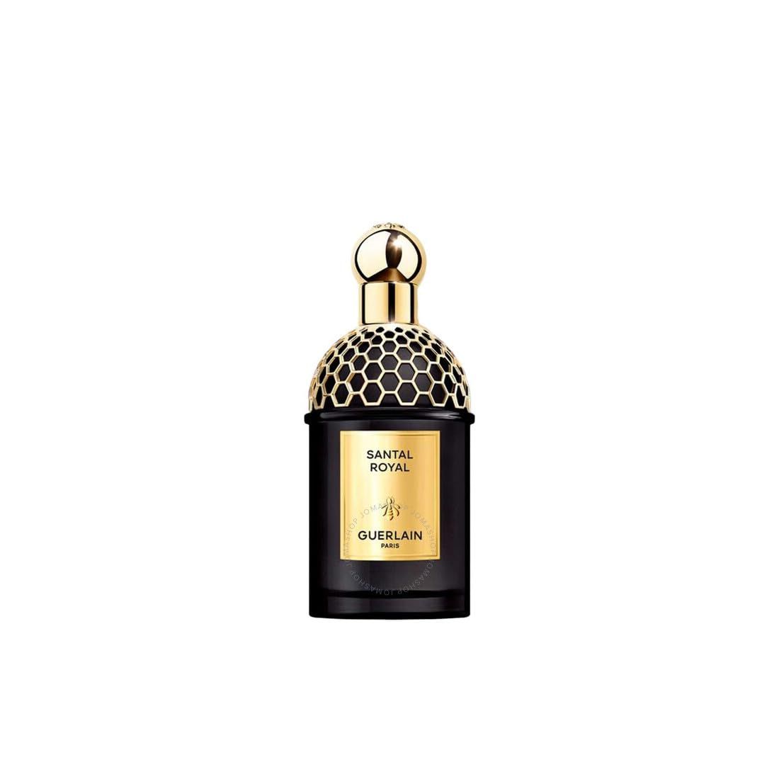 Zwarte flacon met gouden dop. Opschrift Santal Royal en Guerlain Paris logo.