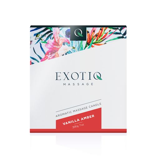 Vierkante verpakking met bloemmotief en tekst. Tekst: Exotiq Massage, Aromatic Massage Candle, Vanilla Amber, 200g 7 oz.