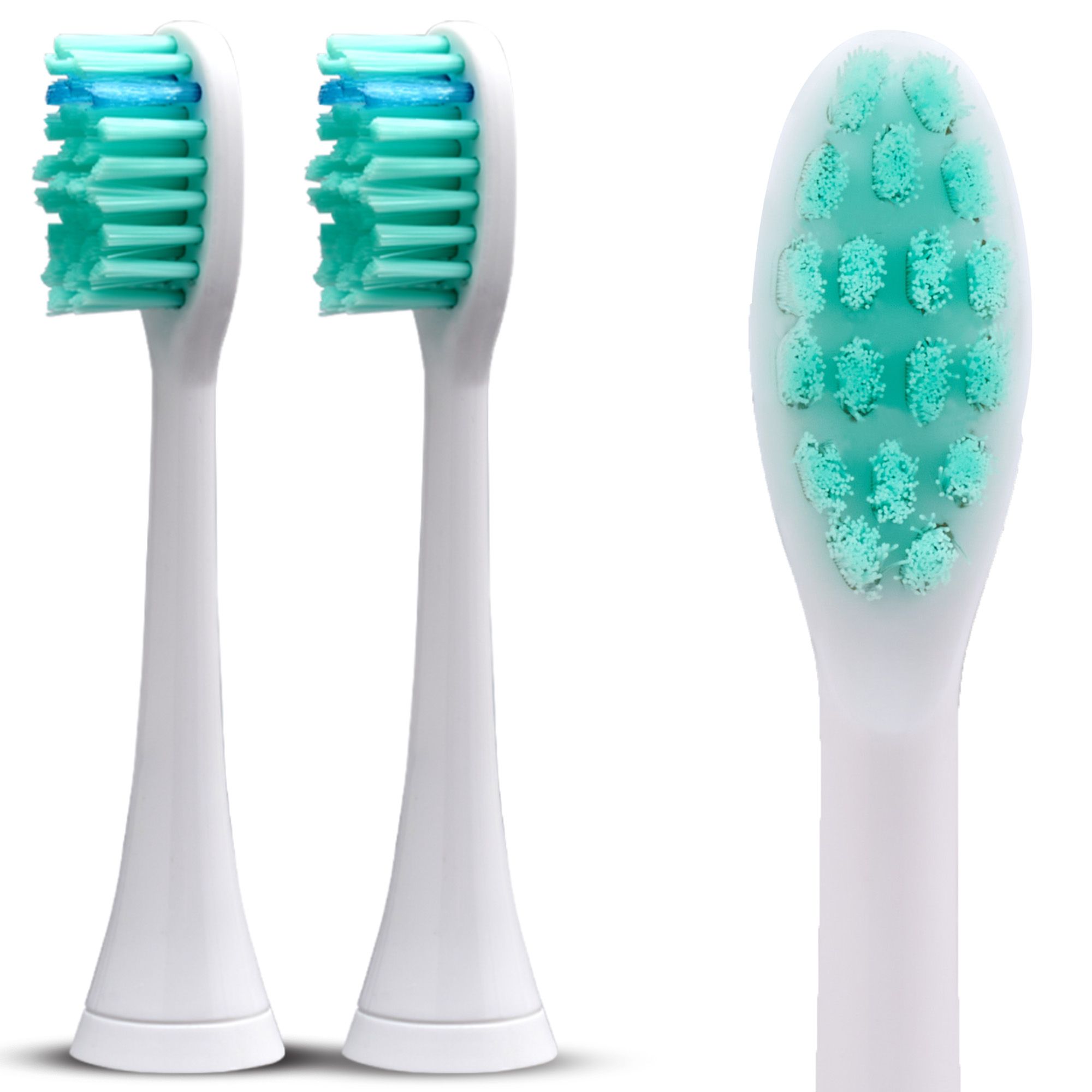 Deux têtes de brosse Silodent de remplacement avec poils verts, manche blanc.