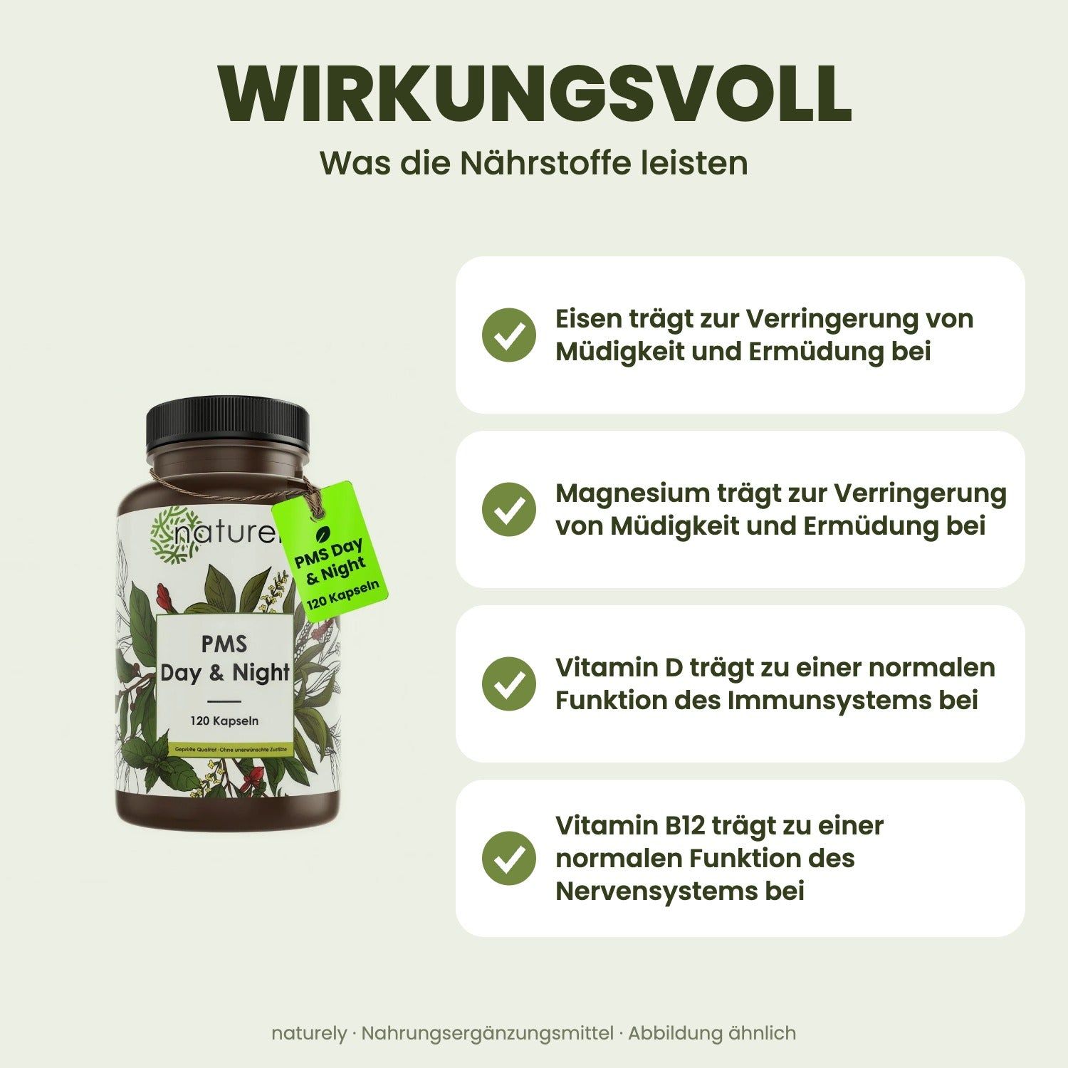 Bouteille de 120 gélules 'PMS Day & Night'. Des cercles listent des nutriments tels que le fer, le magnésium, la vitamine D3, l'acide folique et la vitamine B12.